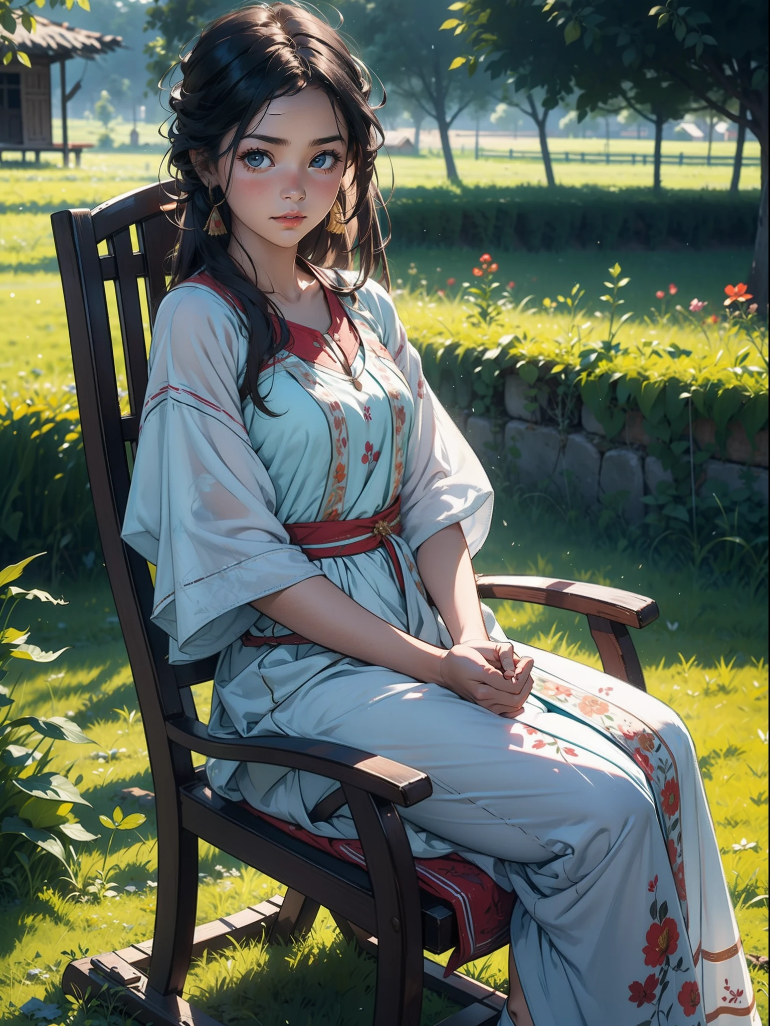 a village girl, sitting and relaxing on chair in field, traditional dress from pakistan