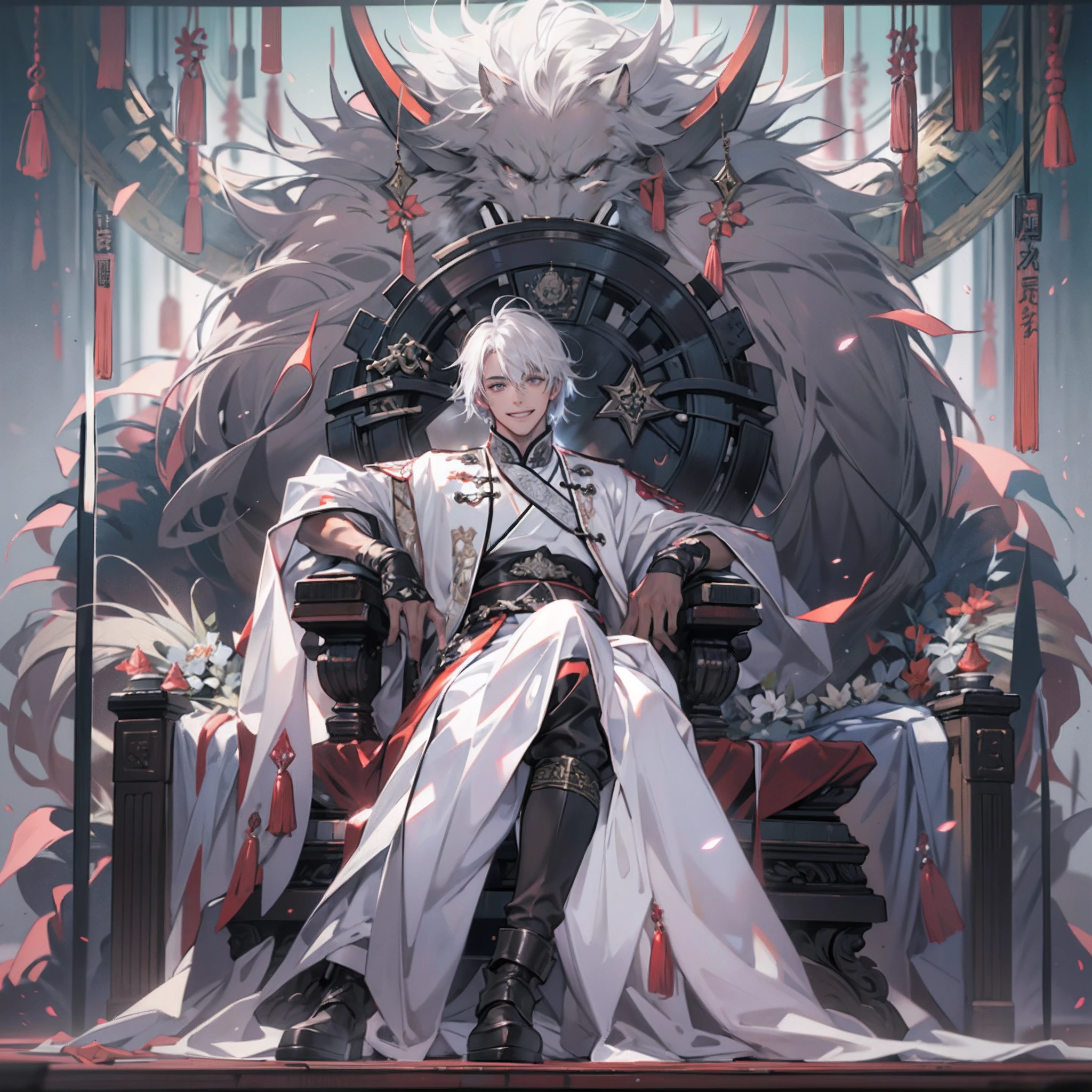 独奏、(Handsome men:1.4)、(Man 6 feet tall)、(confident grin:1.2)、(Sitting on a throne)、(Holds military equipment)、Short hair、grey eyes、(an eye patch)、Toned body、muscular male、(Traditional Chinese Costume:1.0)、(White hair)、(Top image quality)、(8K picture quality)、(masutepiece)、cinematric light, Cinema Shadow, Sharp Image, Extremely detailed, Volumetric, beautiful effects, Vivid colors, Highly detailed image textures, detailed hairs, Detailed eyes, Dark hair