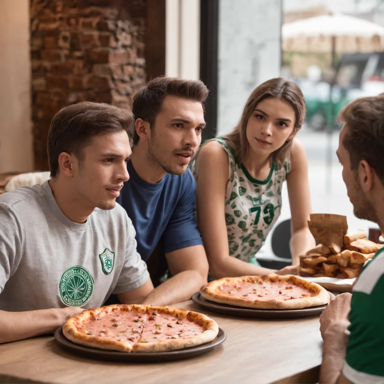 (men talking:1.2,women talking:1.2,pizza on table),(restaurant background,table with checkered cloth:0.9),(soccer t-shirts:0.9,dressing Palmeiras soccer t-shirts:1.1),(3 men,1 woman),(pt)