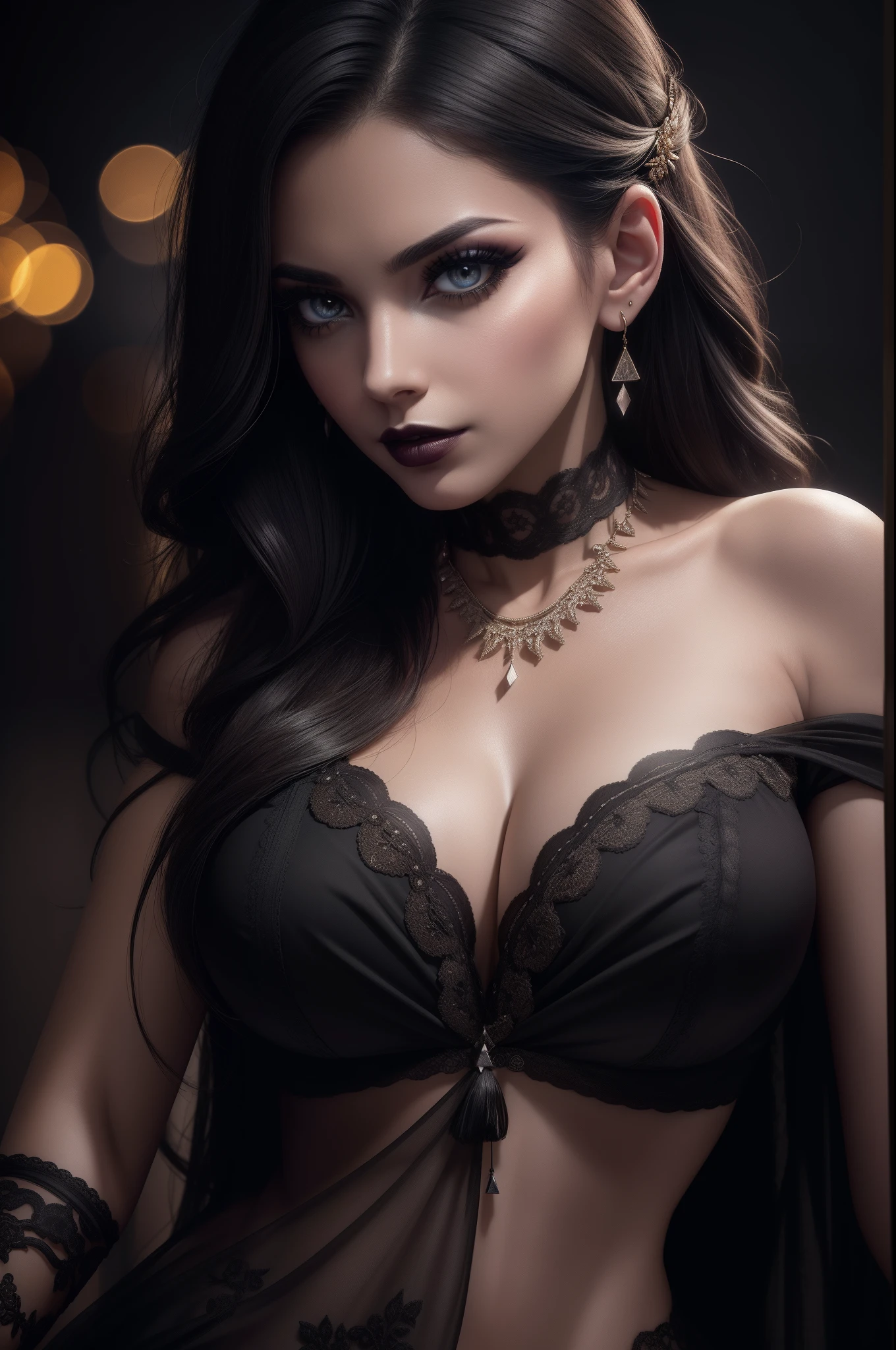 Photograph, Professional full-body, (detailed face and eye:1.4), colorful, color photography of woman, (dark makeup), necklace, earrings, (dark lipstick), partered lips, sharp focus, insanely sharp details, extremely detailed, gigantic breasts in frame, 4K HQ, 8K, depth of field, f/1.2, leica, 8K HDR, High contrast, highly retouch, shadows, bokeh, award winning photography, best photographers.