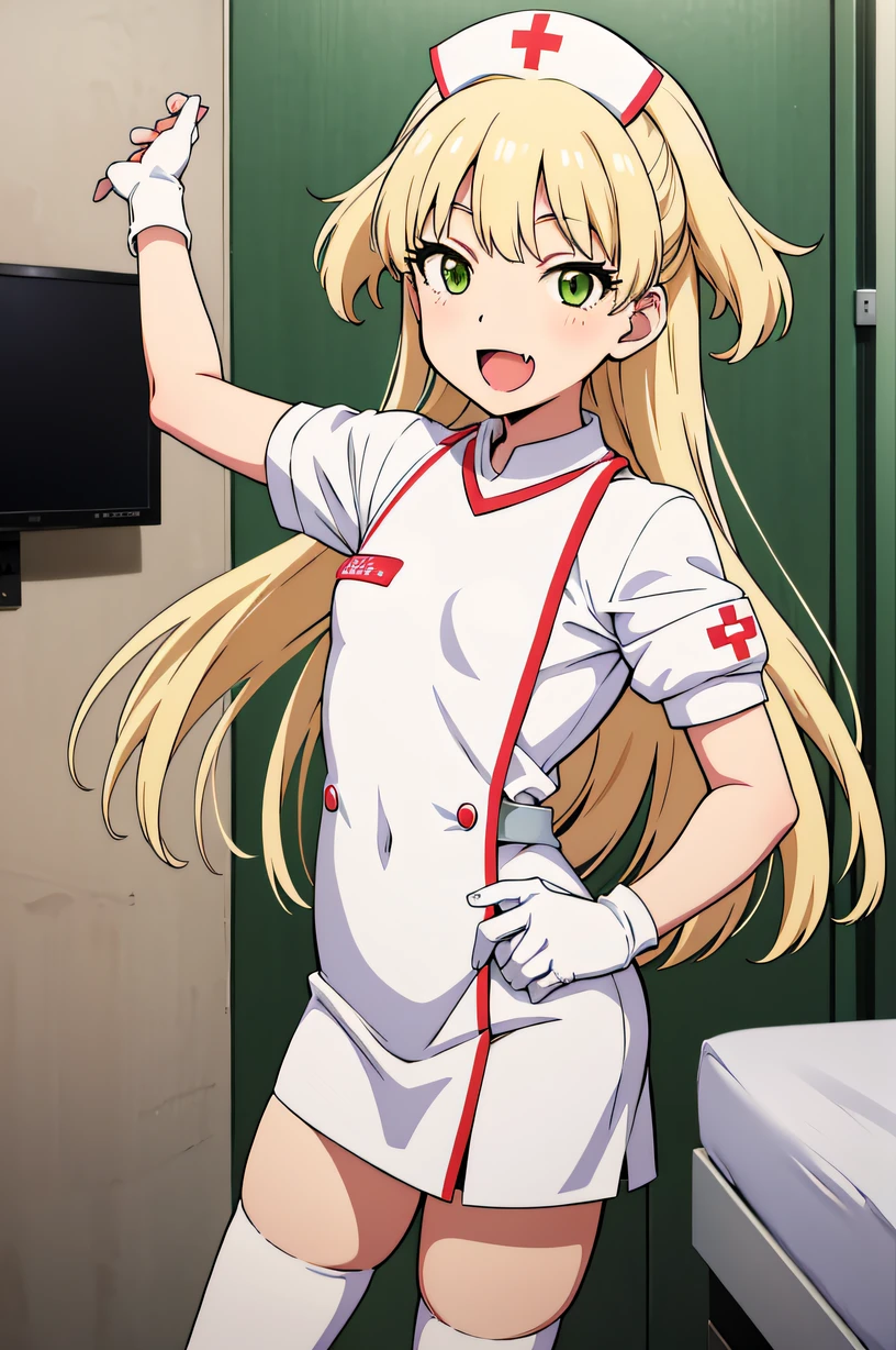 RikaJou, long hair, blonde hair, green eyes, small breasts, fang, Nurse, ((White nurse cap, White nurse uniform)), ((White legwear, zettai ryouiki)), White Gloves, Smile, Open mouth, Standing, ((Hospital room)), sharp outline, Short sleeves, Best Quality, masutepiece