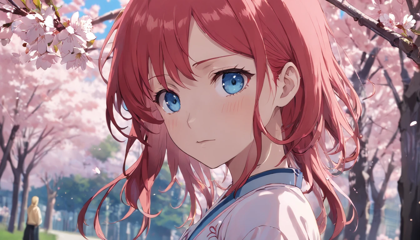 Make a beautiful blue-eyed, red-haired woman looking from the corner in a cherry blossom breeze on a beautiful morning, rosto perfeito, corpo perfeito, estilo cinema, cores brilho e contraste destacando o personagem, 16k,
