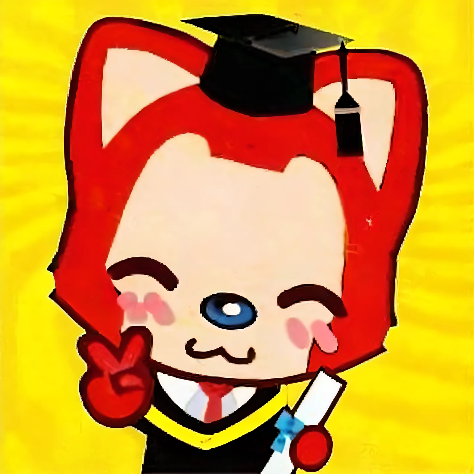 Cartoon cat with graduation cap and diploma holding diploma, telegraph stickers, thanks, masuimi max, Chuan Ai, neko, Jinx, fox from league of legends chibi, kemonomimi, wearing an academic gown, awww, tchibi, sakimi chan, sakimichan, cutecore clowncore, author:Miyamoto, japanese mascot