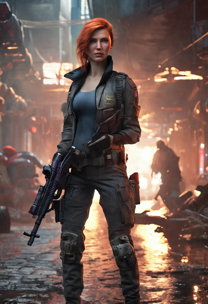 In the dark alley there was a woman with a gun, wojtek fus, heroines, of a sniper girl in war, Hyper-realistic cyberpunk style, Redhead female cyberpunk, ultra realistic concept art, sci fi female character, photorrealistic concept art, dieselpunk soldier girl, Stunning character art, Unreal 5. RPG portrait, 3 D rendering character art 8 K