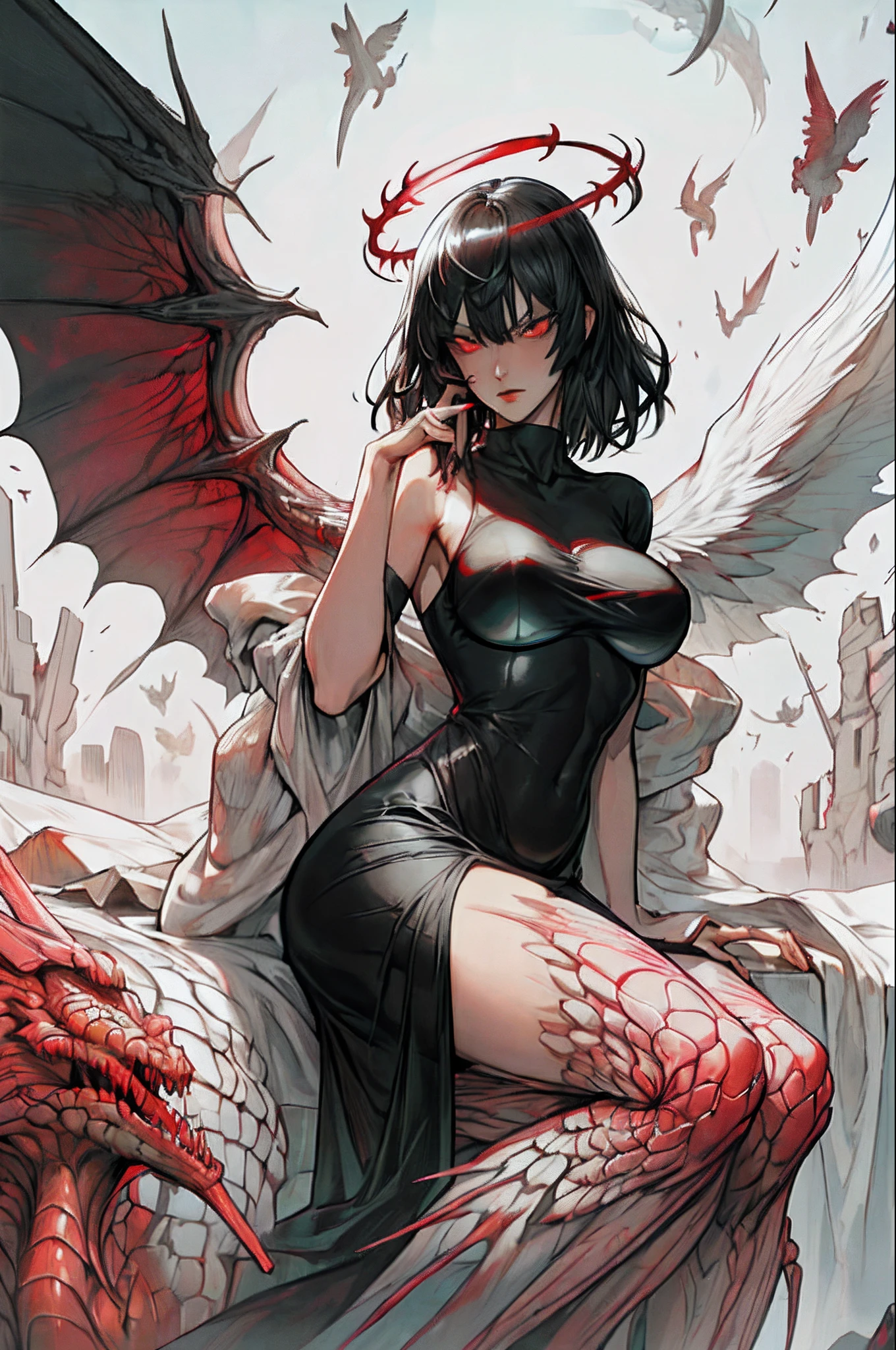 (masterpiece, best quality), 1lady, solo, (white Scales, scaly body), halo, wings,fallen angel, black hair, loose waves, red eyes, (dragon, art by hermann nitsch, zdzislaw beksinski, dariusz zawadzki, giger), big breasts, naked