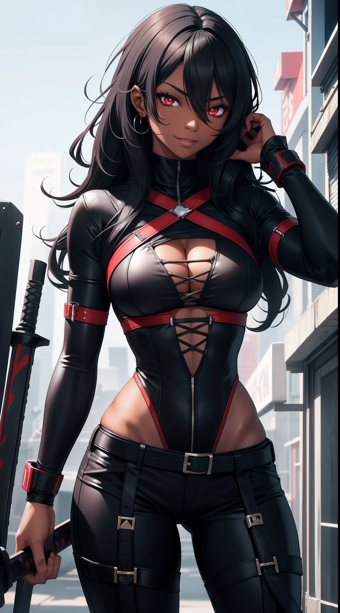 Adult woman, ebony, black skin, long curly black hair, red eyes, Bondage on the eye, musculature, Black hired tight top, Mercenary pants, arma, sword, smirk, Masterpiece, hiquality