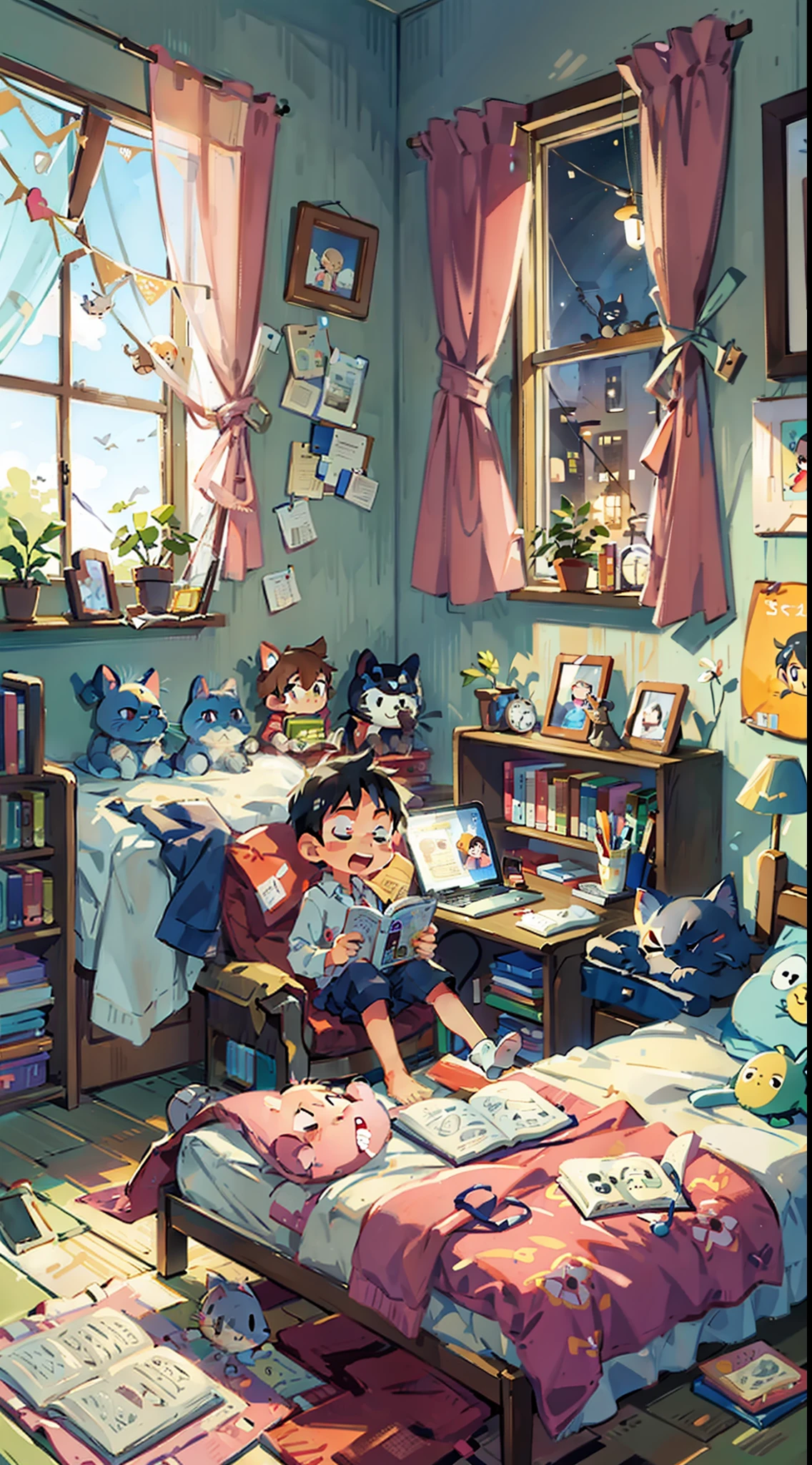 boy, 5 , bed, childom, reading bible, happy, window, bookshelf, toys, computer, alone, night, gray cat