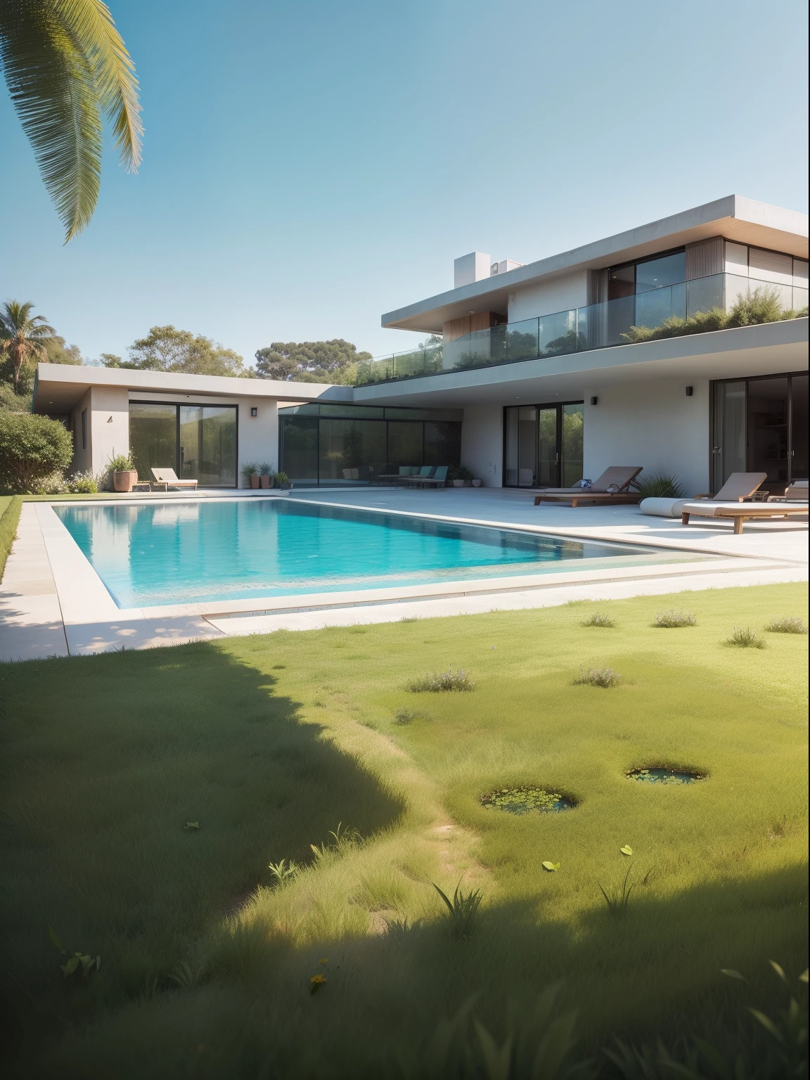 Organic modern architecture in an organized plot, Terreno bastante grande, terreno paisagem, pradaria com arvores , There is a swimming pool in the middle of a large one-story house, cor da casa em vigas marrom chocolate e preto, large modern residence, telhados planos e jardim, render luxcore, renderizar oktane, a photorealistic rendering, architectural render, mantra rendering, architectural render, realism rendering, architectural visualisation, piscina de bem-estar, architectural visualisation, Large green areas, com pequenas zonas de flores de lavanda, arbustos verdes tipo exuberante jardim verde, as well as small water mirrors, swimming pool embedded in an area of sand, oliveiras e pinheiros ao redor da casa, 8k ultra-realista, muito detalhe