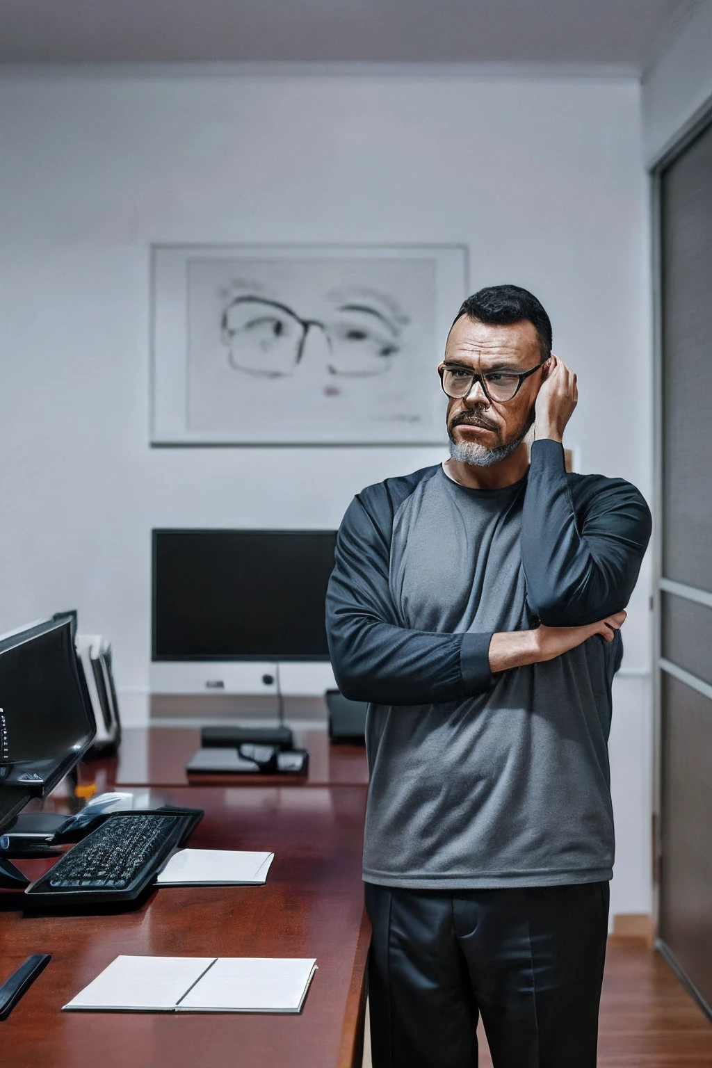 guttocyber1, Hyper-Realistic Portrait of a Sad, Thoughtful Man in His Minimalistic Office Imagine creating a hyper-realistic portrait of an adult man. He wears glasses, and his face is exquisitely detailed (1.3). He's dressed in casual attire, sitting at his desk with his hands on his head, displaying a deep sense of sadness and contemplation. The scene is set in his minimalistic and impeccably organized office, designed with meticulous attention to detail (1.4). This emotionally charged and thought-provoking portrait is captured with hyper-realism (1.5), providing an ultra-high-definition (UHD) result.