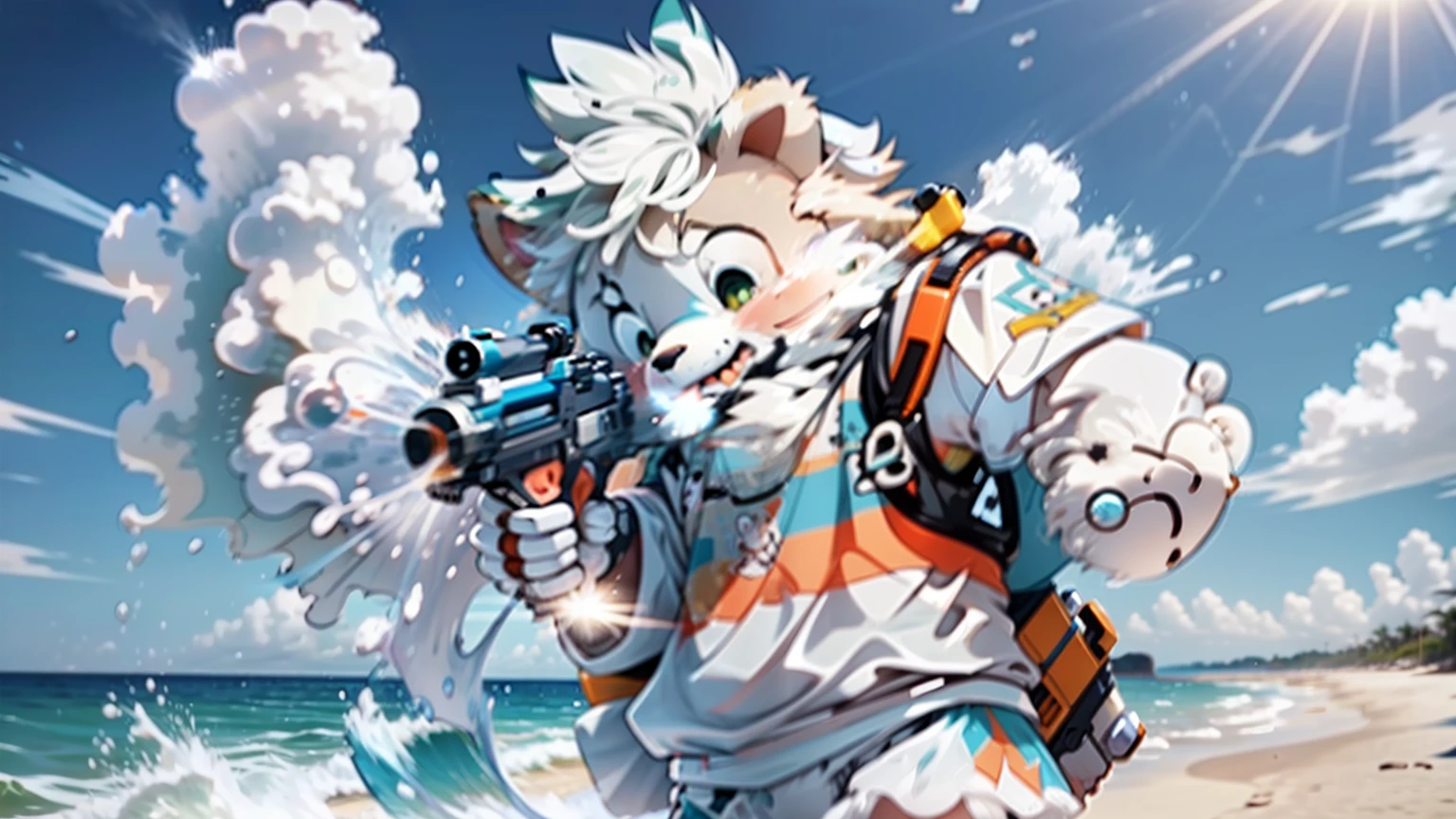 beachside,summer day,white bear,shaggy,Spray water directly in the center with a water gun,ssmile