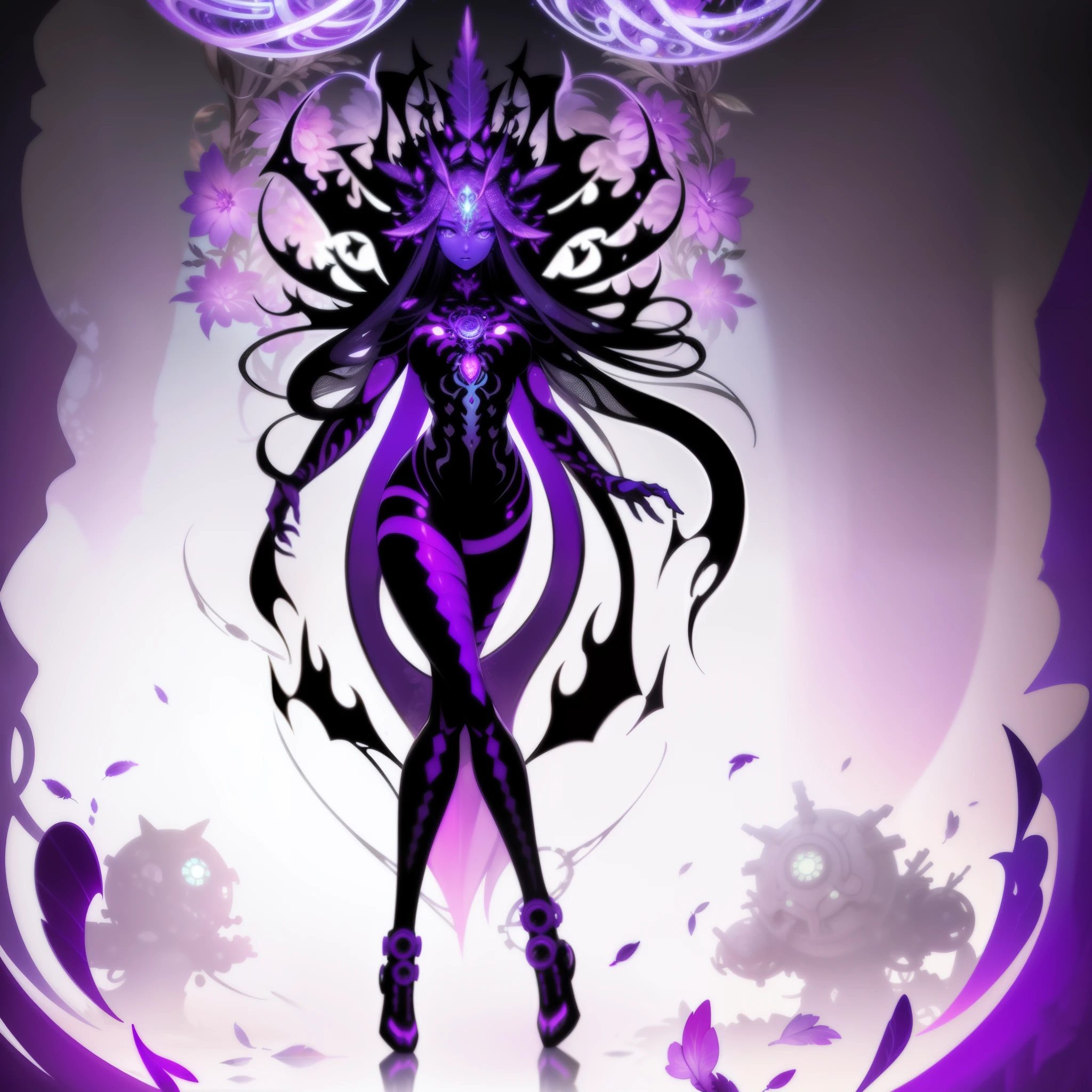 Create futuristic artwork, Biomechanical creatures with a brilliant UV palette. The creature consists of mechanical parts and organic elements, flowers, etc., vines, and feathers, and exudes a sense of both awe and fear. The background must be abstract, Kaleidoscope landscapes that hint at hidden worlds beyond our comprehension.