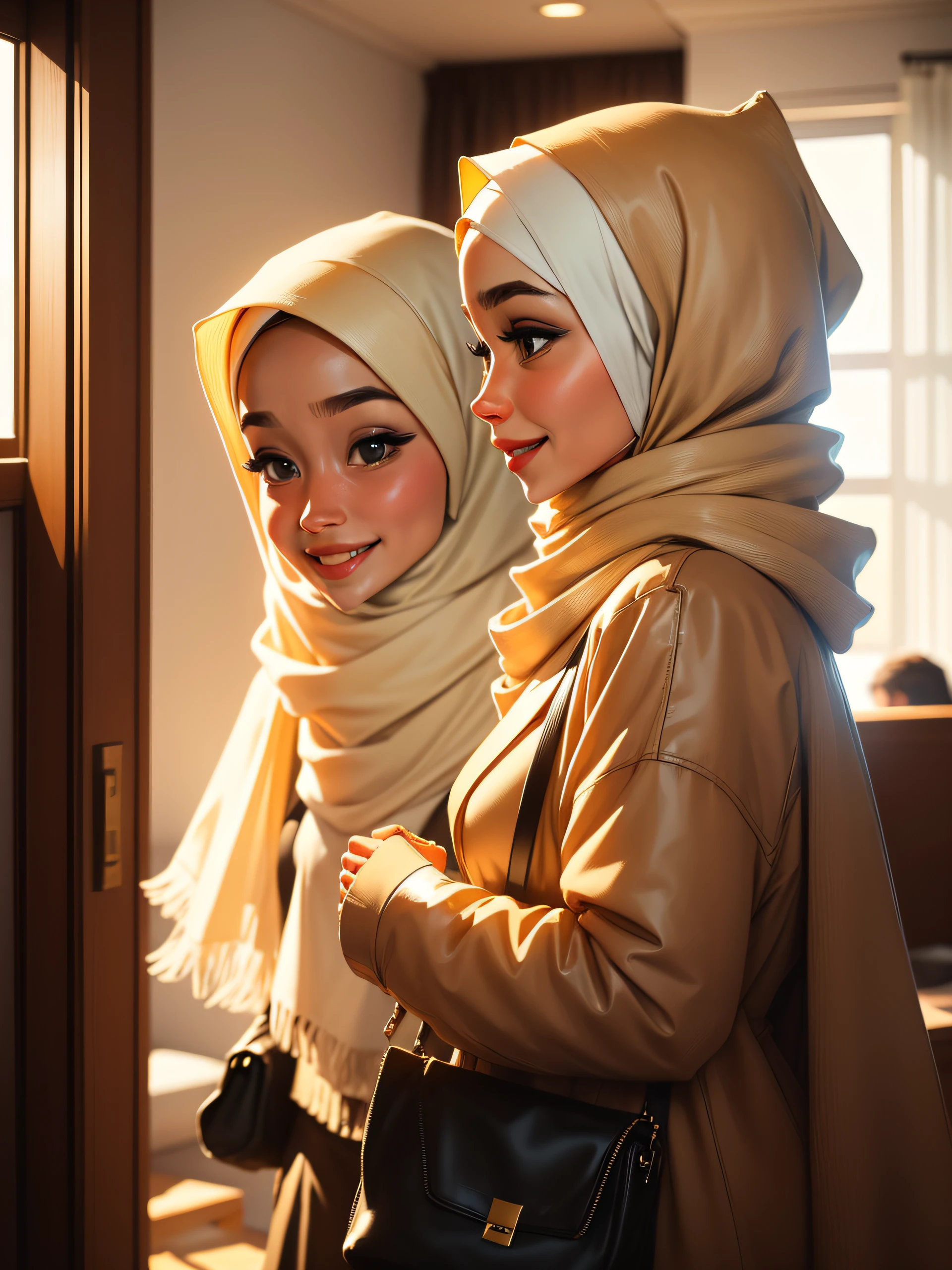 Masterpiece, realistic, best quality, best lighting, 1 girl photo solo, beautifully makeup, eyeshadow, Parted Lips, Detailed Eyes, beautiful big eyes, long eye lashes, smile, wearing ((Dark blue satin headscarf)), loosely tide hijab style, ((Taupe satin shirt)), satin long skirt,