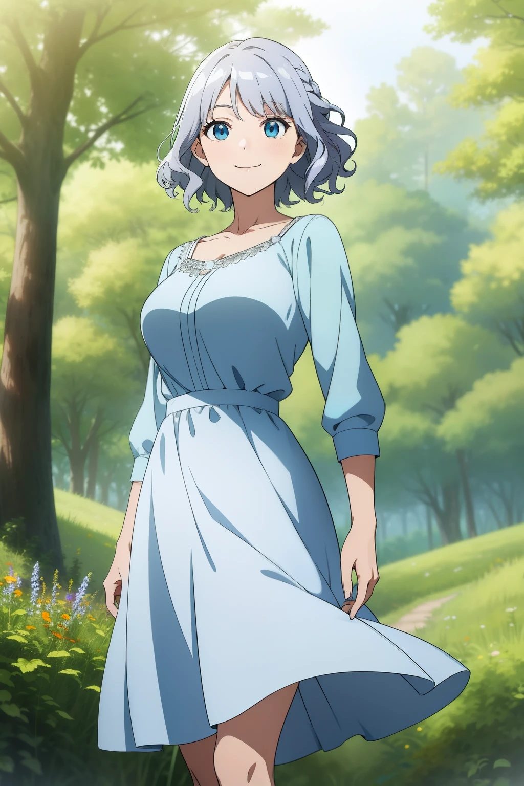 (Masterpiece, Best quality,) Anime screencap, 1girll,
Short hair, Blue eyes, Silver hair, Wavy hair, Braid, dress, Large breasts, Smile,
Depth of field, forest, Field, Wind, swirl,