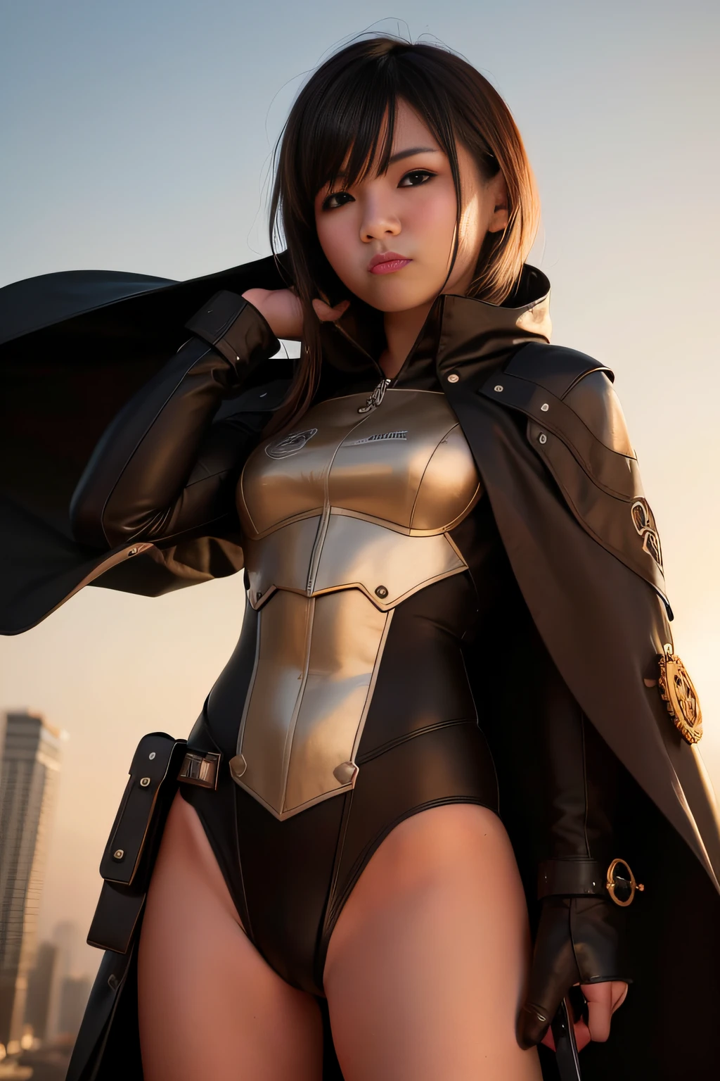 1 girl, young, , Asian girl, full body from head to toe, realistic, realistic face, realistic eyes, worried, looks over her shoulder, side lighting, wallpaper, looks at viewer, futuristic steampunk buildings in background, long cape and sleeveless hood, cut out front of one piece swimsuit, ground earth, outdoors, hold steampunk sword in left hand, fly in the sky with steampunk jet pack, dragon logo,