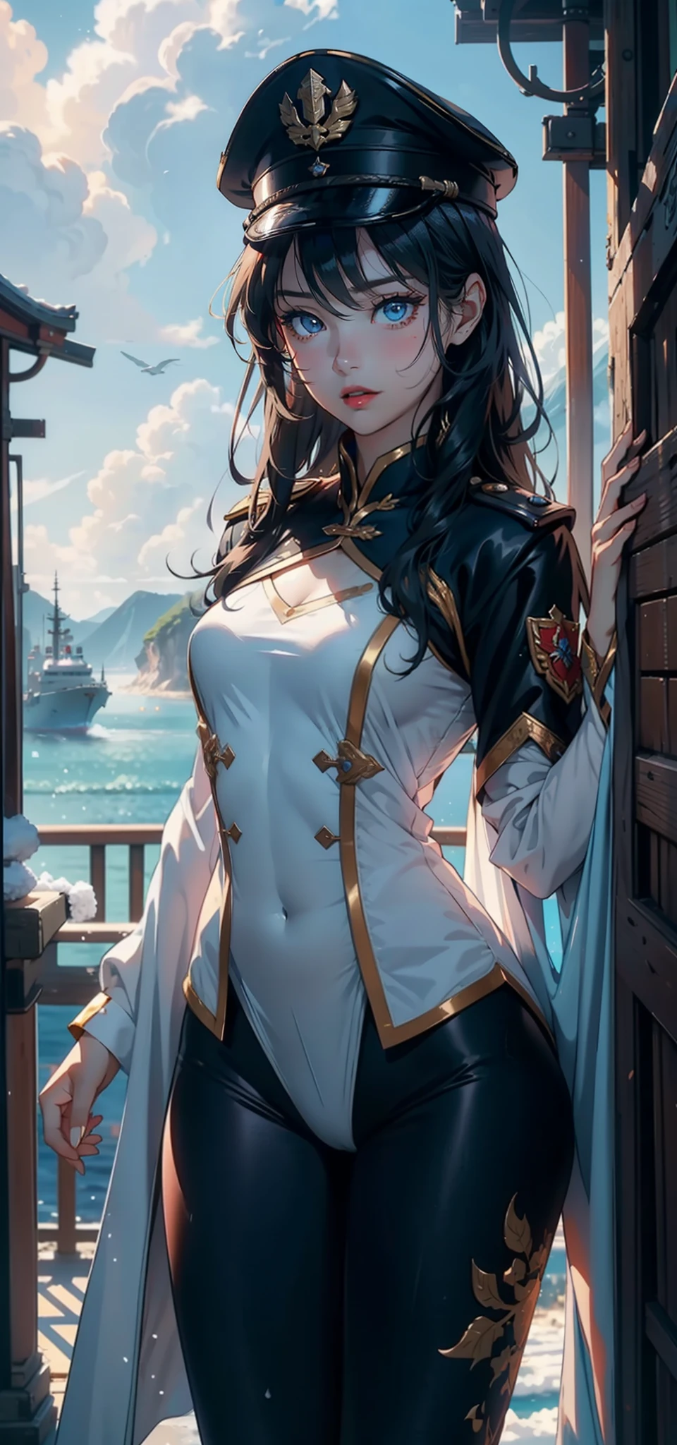 1womanl,3 ,bit girl,Small loli,smalnderboob,Raised sexy,Pornographic exposure, 独奏,Beauty contests,standing on your feet(Background with:the sea,snow mountains,warships,at winter season,Blizzarding,Big snowflakes)On warships, with his long black hair,Long hair flutters in the wind,dynamicposes,Sweat profusely,drenched all over the body,seen from the front, hair straight, mostly cloudy sky,(((tmasterpiece),(Very detailed CG unity 8K wallpaper),best qualtiy,cinmatic lighting,detailed back ground,beatiful detailed eyes,Bright pupils,(Very fine and beautiful),(Beautiful and detailed eye description),Blue eyes,Redlip,ultra - detailed,tmasterpiece,)),facing at camera,(The upper part of the body),A high resolution,ultra - detailed),revealing breasts,Bare genitalia, Bulge,legs are open,sexyposture,Camel toes,Flushed complexion,Open-mouthed,frontage,Chinese officer,Officer's cap,elementary ite cloak,down jacket,White winter officer uniform,Sexy leggings,Armour,Gold wire embroidery,Snowflake decoration)