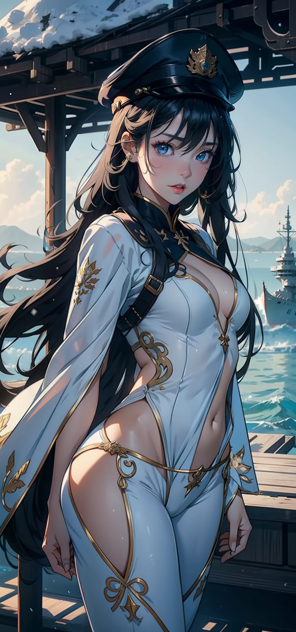 1womanl,3 ,bit girl,Small loli,smalnderboob,Raised sexy,Pornographic exposure, 独奏,Beauty contests,standing on your feet(Background with:the sea,snow mountains,warships,at winter season,Blizzarding,Big snowflakes)On warships, with his long black hair,Long hair flutters in the wind,dynamicposes,Sweat profusely,drenched all over the body,seen from the front, hair straight, mostly cloudy sky,(((tmasterpiece),(Very detailed CG unity 8K wallpaper),best qualtiy,cinmatic lighting,detailed back ground,beatiful detailed eyes,Bright pupils,(Very fine and beautiful),(Beautiful and detailed eye description),Blue eyes,Redlip,ultra - detailed,tmasterpiece,)),facing at camera,(The upper part of the body),A high resolution,ultra - detailed),revealing breasts,Bare genitalia, Bulge,legs are open,sexyposture,Camel toes,Flushed complexion,Open-mouthed,frontage,Chinese officer,Officer's cap,elementary ite cloak,down jacket,White winter officer uniform,Sexy leggings,Armour,Gold wire embroidery,Snowflake decoration)