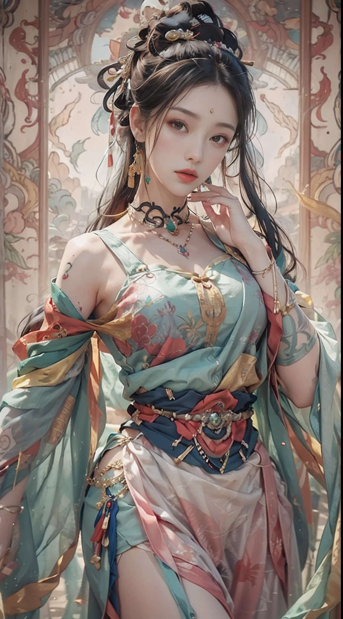 Photorealistic, high resolution, 1womanl, Solo, Hips up, view the viewer, (Detailed face), dunhuang_dress, jewelry, tattoo