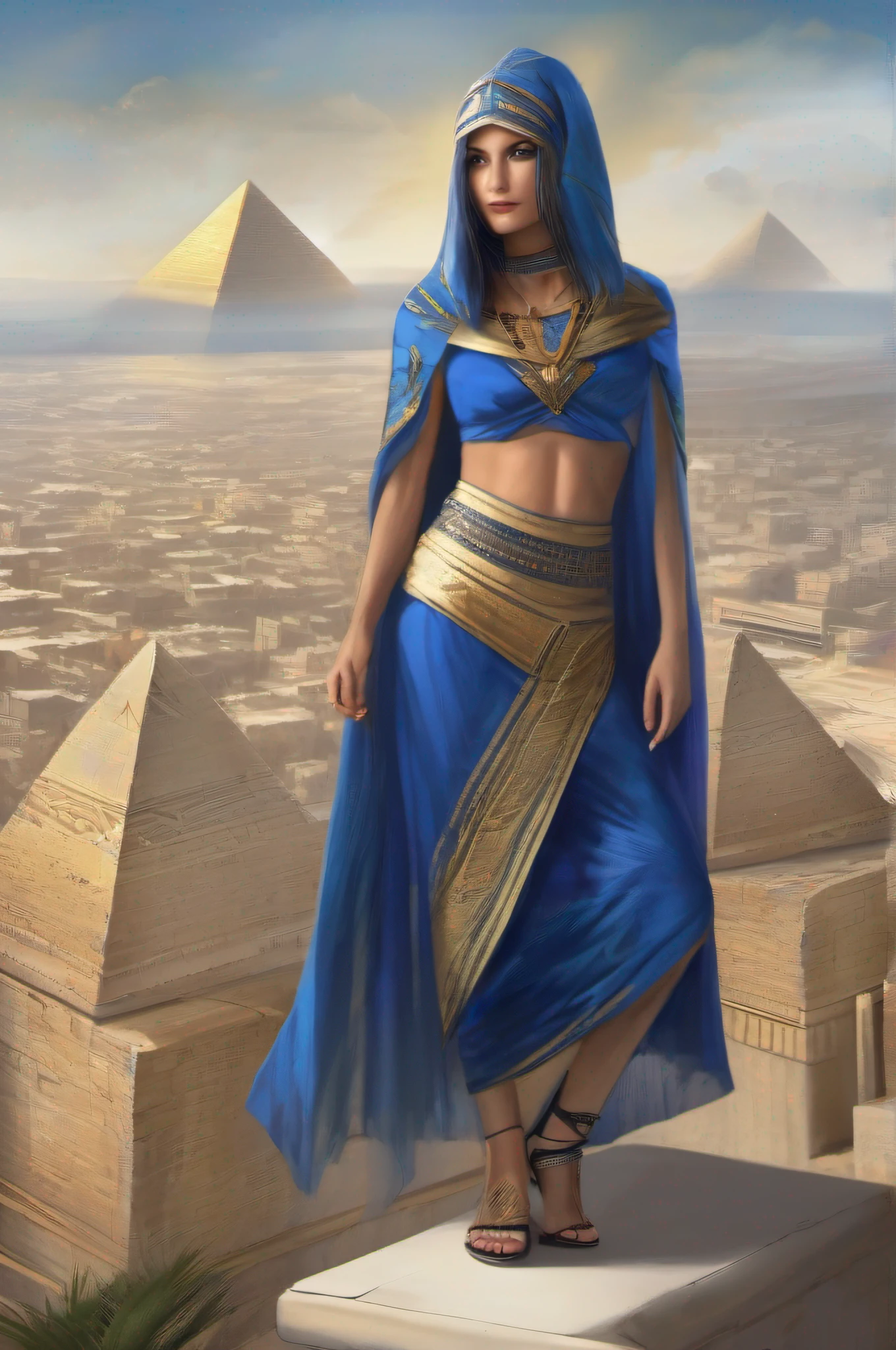 Zazie Skymm wearing a short wide-open blue-golden-Egyptian poncho, on top of the Piramide from Cheops looks down over the Egyptian old City