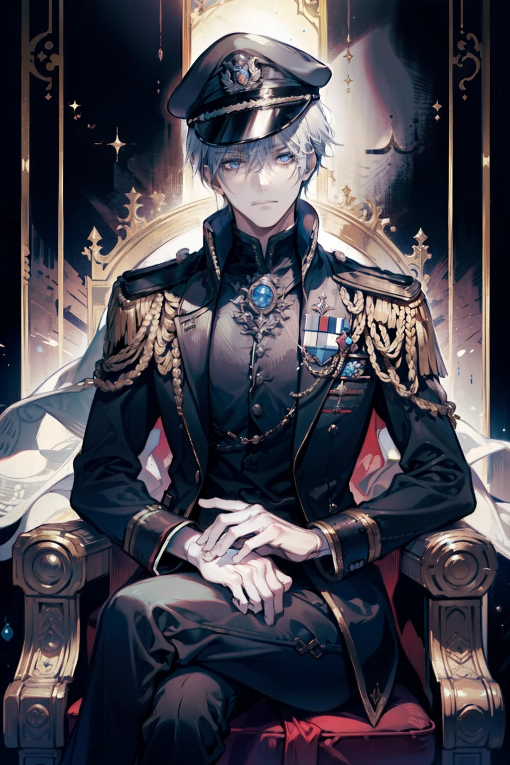 1 man, kurzes schwarzes haar, rote pupillen, gut aussehend, ohrringe, schmuck, Sitting on large marble throne, final fantasy, blasse haut, narbe im gesicht, Black high-level military uniform with gold and silver accessory, Peaked cap, kaiser, herrscher, imperator, generalfeldmarschall, oberkommandant, Grand Admiral, Dark Amtosphere, erhabener blick, selbstbewusst, gekreuzte beine, elegant, full entire body, ultra details, viele details, hight resolution, perfekte proportionen, scharfer blick, seidenes haar, thronsaal, marmor, elegante pose, Beautiful  eyes,