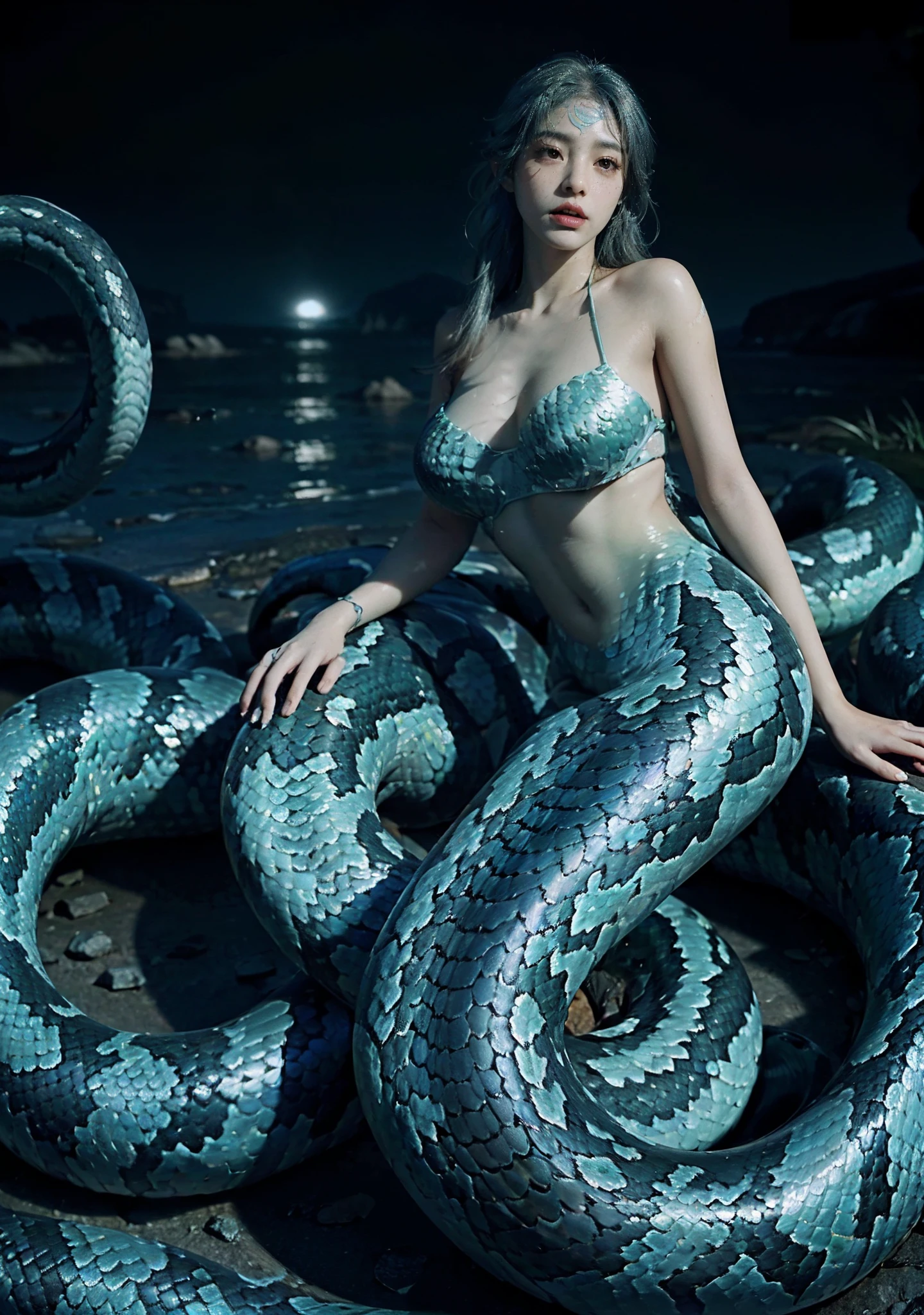(mermaid:1.2), (snake tail:1.3)，8k uhd，RAW photo，A snake woman，（Python pattern），（snake man），(Real Human:1.3)，(highres:1.4)，(A detailed:1.5)，(photorealestic:1.7)，RAW photo，Portrait Photogram，Realistic scales，cabellos largos dorados，RAW photo，超高分辨率，Foto realism，best qualtiy，(highdetailskin，skin detailed)，Visible Pore，Shiny skin，tmasterpiece，finedetail，Colorization，Extremely Delicately Beautiful，extremely detailed 8k wallpaper，8K high quality，DSLR，Snake man maiden with beautiful details，(looking at viewert)，professional photograph lighting，Faraway view，full bodyesbian，in a panoramic view