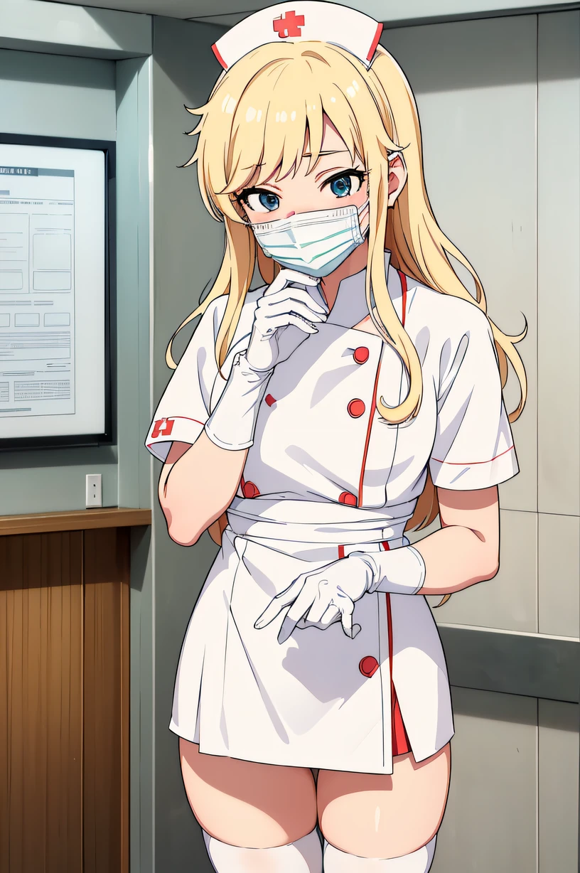 ohtsuki yui, blonde hair, blur eyes, Nurse, ((White nurse cap, White nurse uniform)), ((White legwear, zettai ryouiki)), White Gloves, ((White surgical mask, Cover the nose)), Standing, ((Hospital room)), sharp outline, Short sleeves, Best Quality, masutepiece