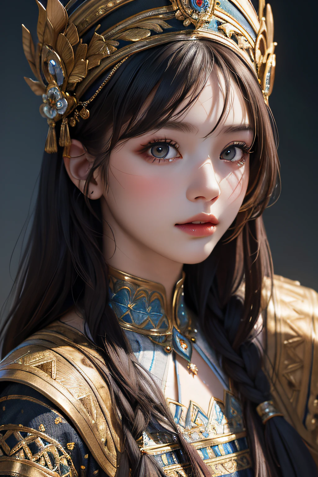 (masterpiece, highest quality, highest quality, Official Art, beautifully、beautiful:1.2), (One Girl:1.3), Light freckles, Fair skin, Very detailed, Portraiture, View audience, alone, (whole body:0.6), detailed background, close, (Warm Meadow theme:1.1), Paladin, Charlatan, Grin, Mysterious, Swaying in the mountains, Modest clothing, ((((Ornate white and gold metal plate armor)))), Cowl, nun food, Wimple, armor, Cowl, Robe, Chain mail, Chain mail, leggings, Chain mail leggings, Chain mail leggings, (armor breastplate), Tabard, throat, food, Scapula, Shingard, armor, Knee-high boots, Long sword, shield, Cape, Cape, pearlescent metal, White cloth, Light Leather, ((((Huge breasts)))), Tight waist, Slim Hips, Long legs, Medieval (The appearance of the mountain:1.1) background, dark Mysterious lighting, Shadow, Magical atmosphere, Dutch Angle,