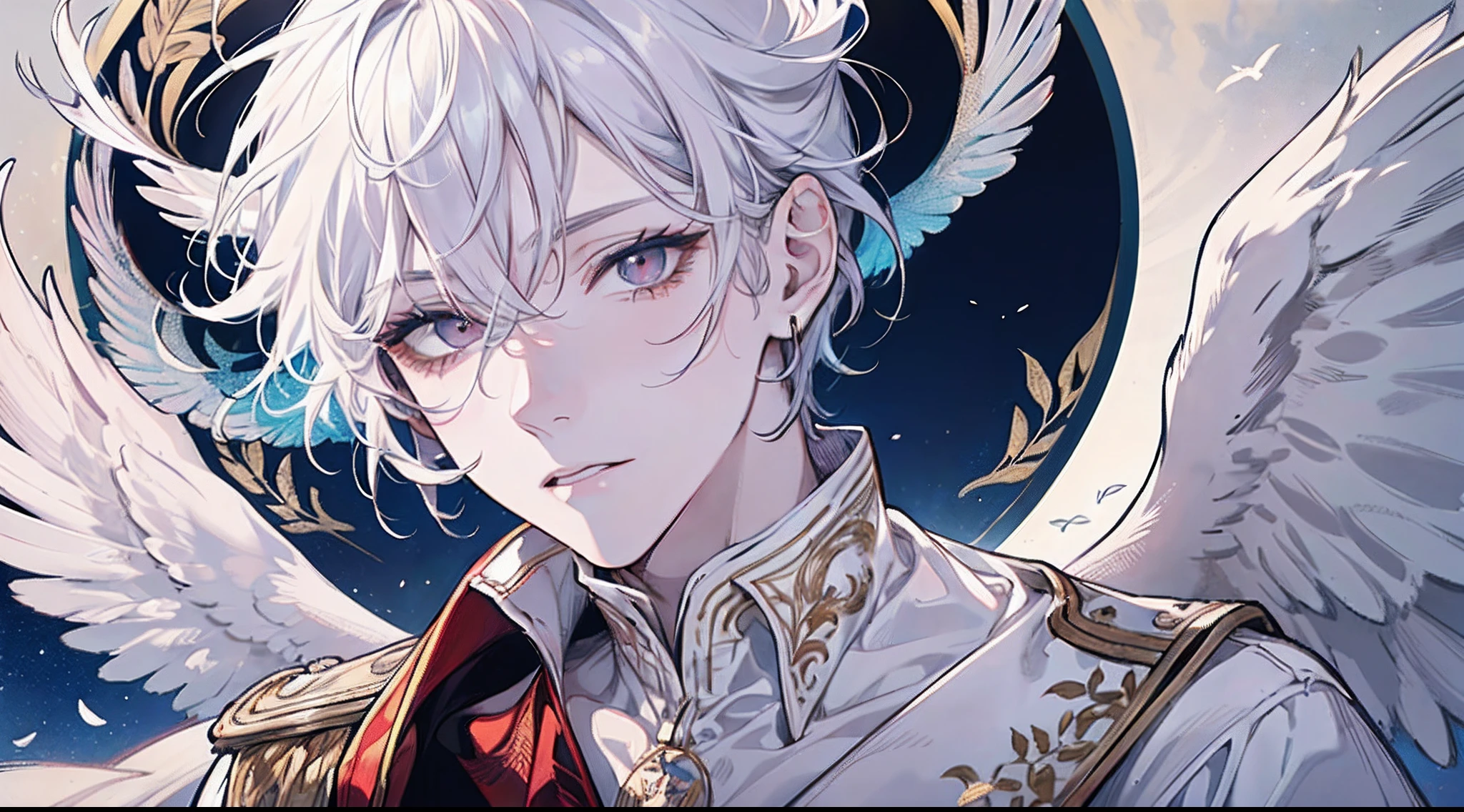 MALE ONLY, MALE, MALE FOCUS, MALE FACE ((Young Man)), Angel, Feathered wings, Feathers Flying, White Roman Robe, (Collar), Low ponytail Hair, grey hair, red eyes, white skin, (((Extremely Clear and Delicate Depiction of Facial Features))), Milky Way, ((Delicate Eye Depiction)), Dynamic Pose, Dramatic Composition, Extreme Detail, Floating in the Air, Man, Manly, Ruby Eyes, White Dove Resting on Shoulder, Surrounded by Birds, Little Cloth, Halo Effect, brilliant aura, halo on head