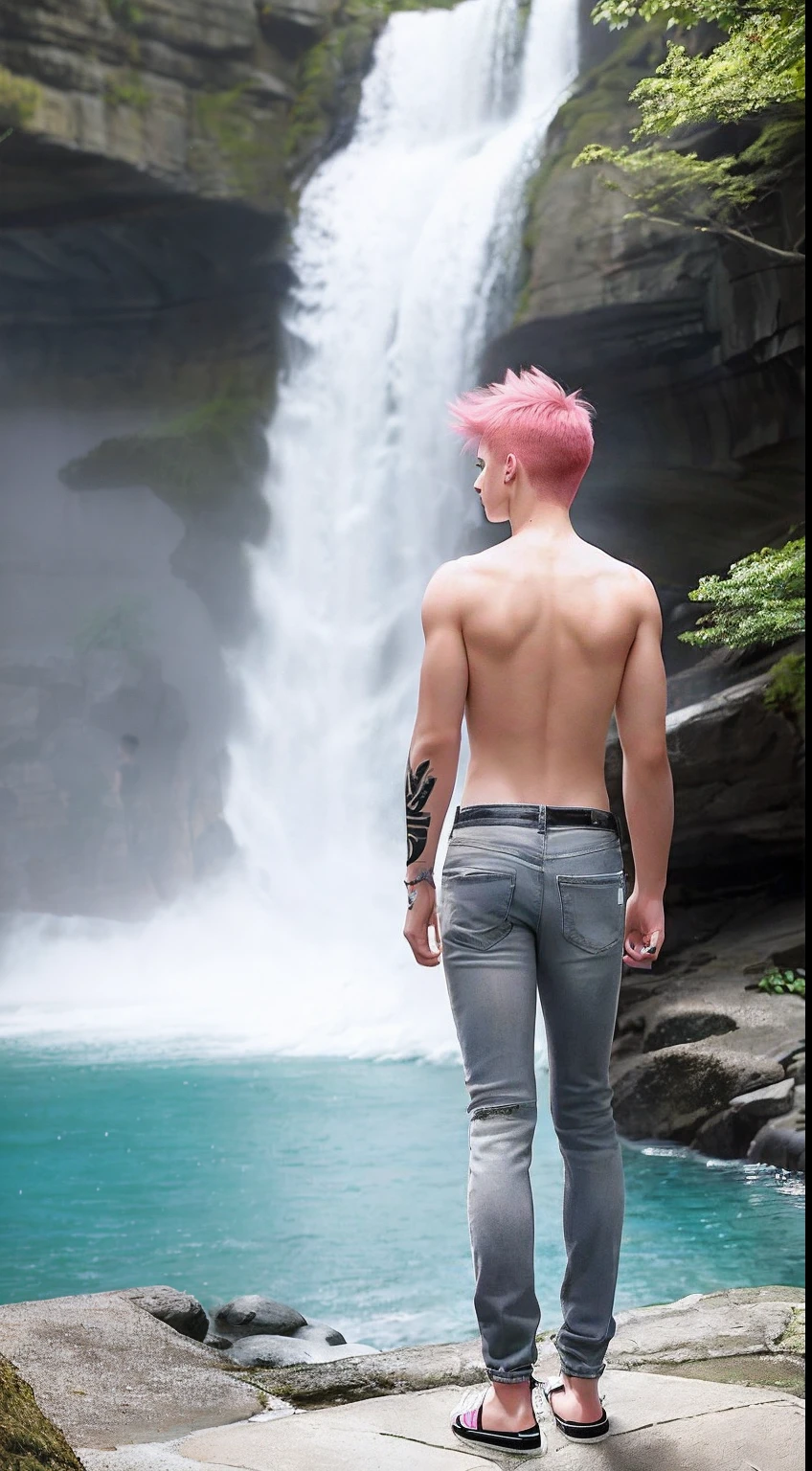 A -yeld boith pink hair, Bare upper body, The back is full of tattoos, Wear gray skinny jeans, In the waterfall scenic area, Look back to the whole body