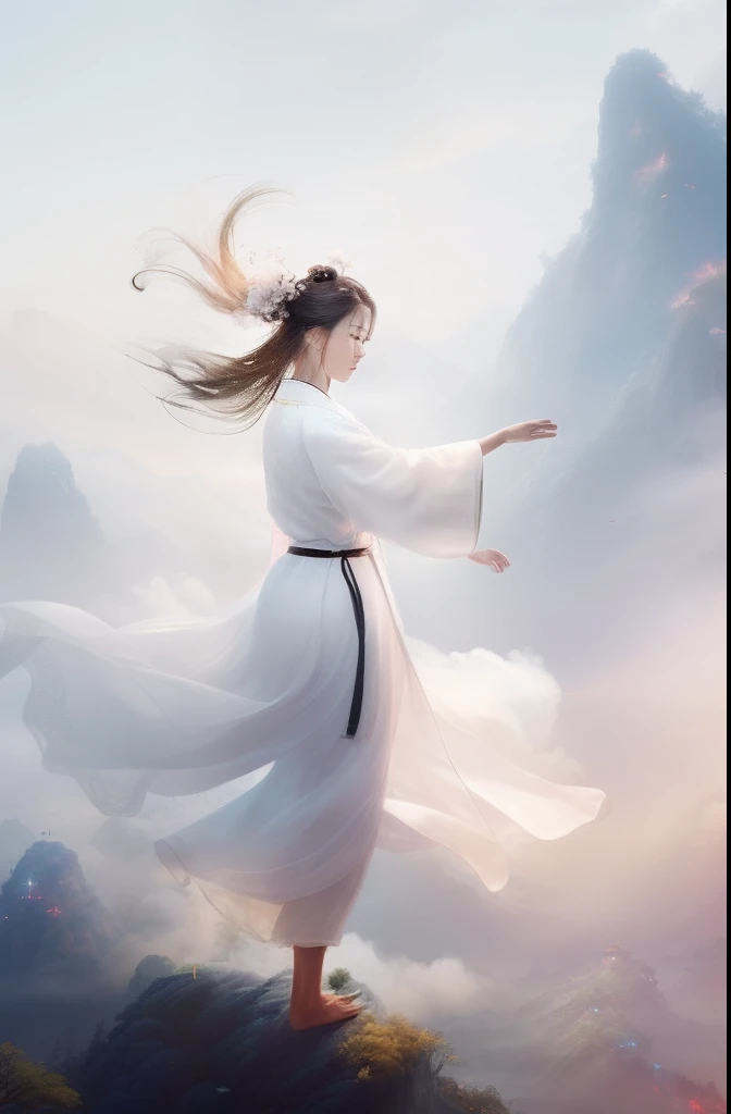 ((((1 girl)))),(white Chinese robe),
In a captivating scene, a beautiful woman adorned in a flowing white Chinese robe soars through the misty clouds on the back of a majestic Chinese phoenix. The wind gently lifts her robe, accentuating the sense of flight as they gracefully navigate the ethereal cloudscape.
