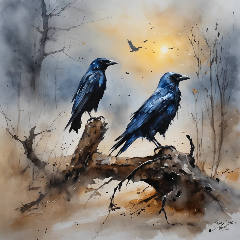 Two crows on a dead tree, star night, Thick fog on the ground, Blue light on the horizon, Motor Unreal 5, cinematic ligh, low angle photography, Motion blur, depth of fields, Dust, Cobblestones and dirt. splashart, Drop ink. Perfect color classification. Influenced by Karel Appel and Jeremy Mann, Full of dramatic and threatening scenes, ultra - detailed, Beautiful, insanely details, intricately details, editorial photography, shot with a 50mm lens, depth of fields, Tilt Blur, Shutter Speed ​​1/1000, f/22. Lightmaps, Super bright