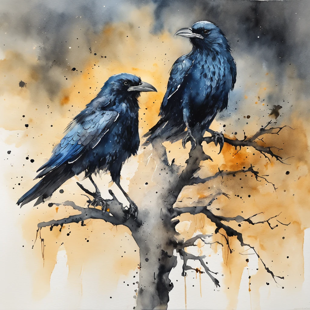 Two crows on a dead tree, star night, Thick fog on the ground, Blue light on the horizon, Motor Unreal 5, cinematic ligh, low angle photography, Motion blur, depth of fields, Dust, Cobblestones and dirt. splashart, Drop ink. Perfect color classification. Influenced by Karel Appel and Jeremy Mann, Full of dramatic and threatening scenes, ultra - detailed, Beautiful, insanely details, intricately details, editorial photography, shot with a 50mm lens, depth of fields, Tilt Blur, Shutter Speed ​​1/1000, f/22. Lightmaps, Super bright