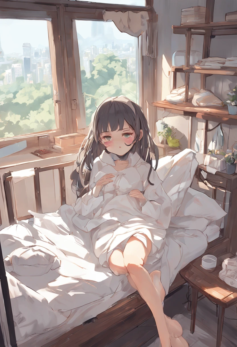 Anime girl in white pajamas getting out of bed with cat, Hang the laundry to dry,loli in dress, small curvy loli, artwork in the style of guweiz, guweiz on pixiv artstation, guweiz on artstation pixiv, guweiz, small li girl, soft anime illustration, Anime visuals of cute girls, Detailed Digital Anime Art