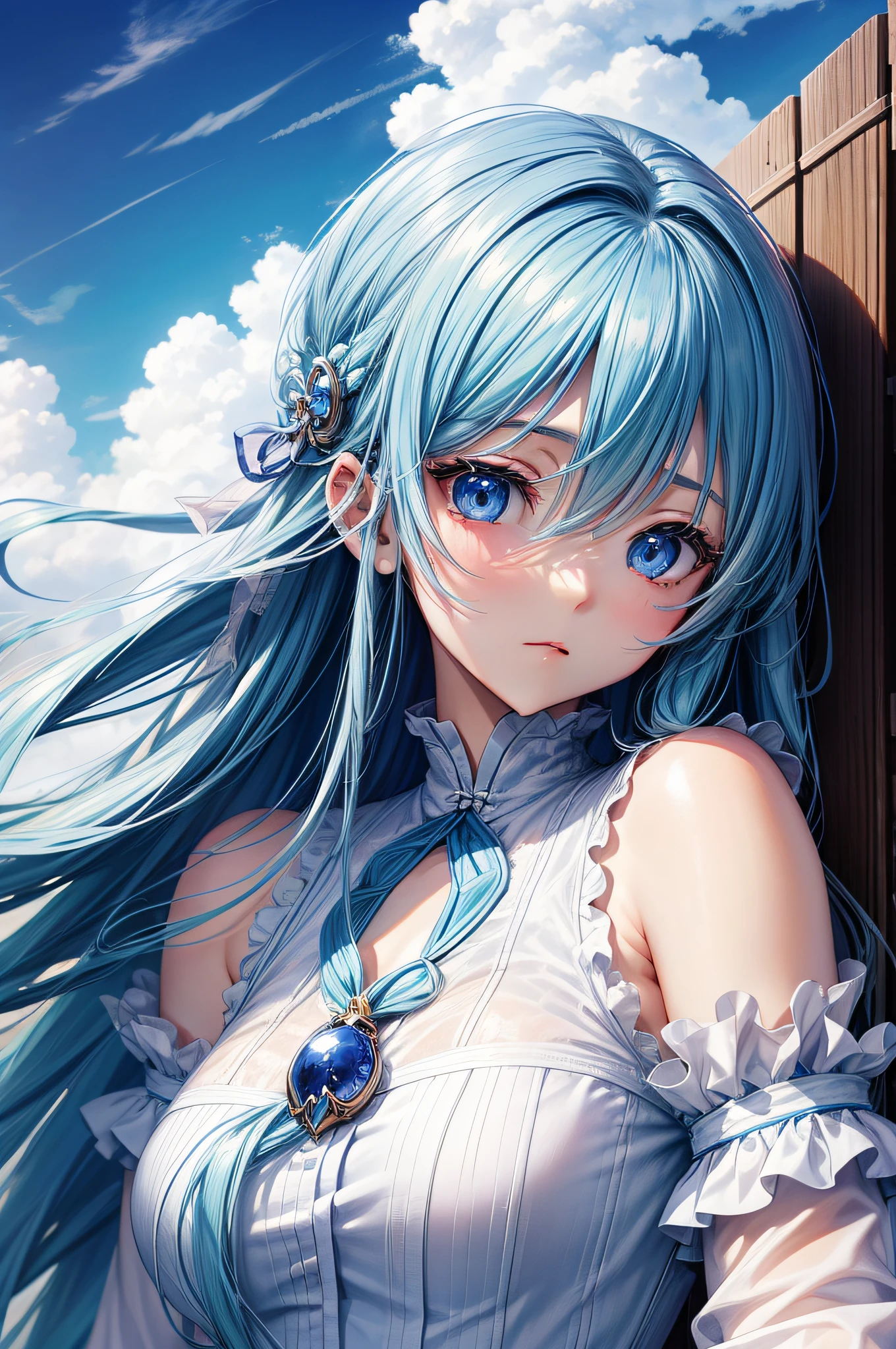 Detailed、Soft skin、Anime style、Blue eyes、Women in Their 20s、Background cloud、The long-haired、lightblue hair、sleeping face、1人