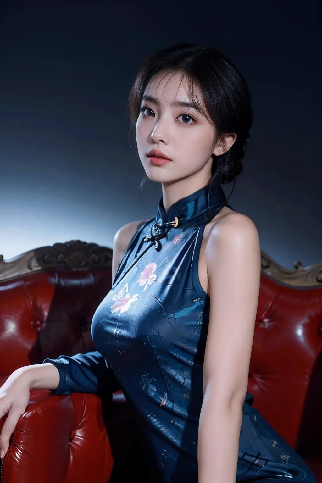 primitive，tmasterpiece，ultra fine photos，best qualtiy，超高分辨率，Photoreality，rays of sunshine，full-body portraits，stunningly beautiful，，dynamicposes，delicated face，Vibrant eyes，（seen from the side），((delicated_blue colors_on cheongsam))，on cheongsam，cropped shoulders，Delicate head flower，Sit on a leather sofa，very highly detailed background，detailed face with，Detailed and complex busy background，Untidy，opulent，milkyW，Highly detailed skin，Realistic details of skin，Visible Pore，tack sharp focus，volume fog，8K  UHD，digital SLR camera，high qulity，filmgrain，White skin of the，photo-realism，DL，Huge metropolis in a dystopia of the future , look from down, semi transparent