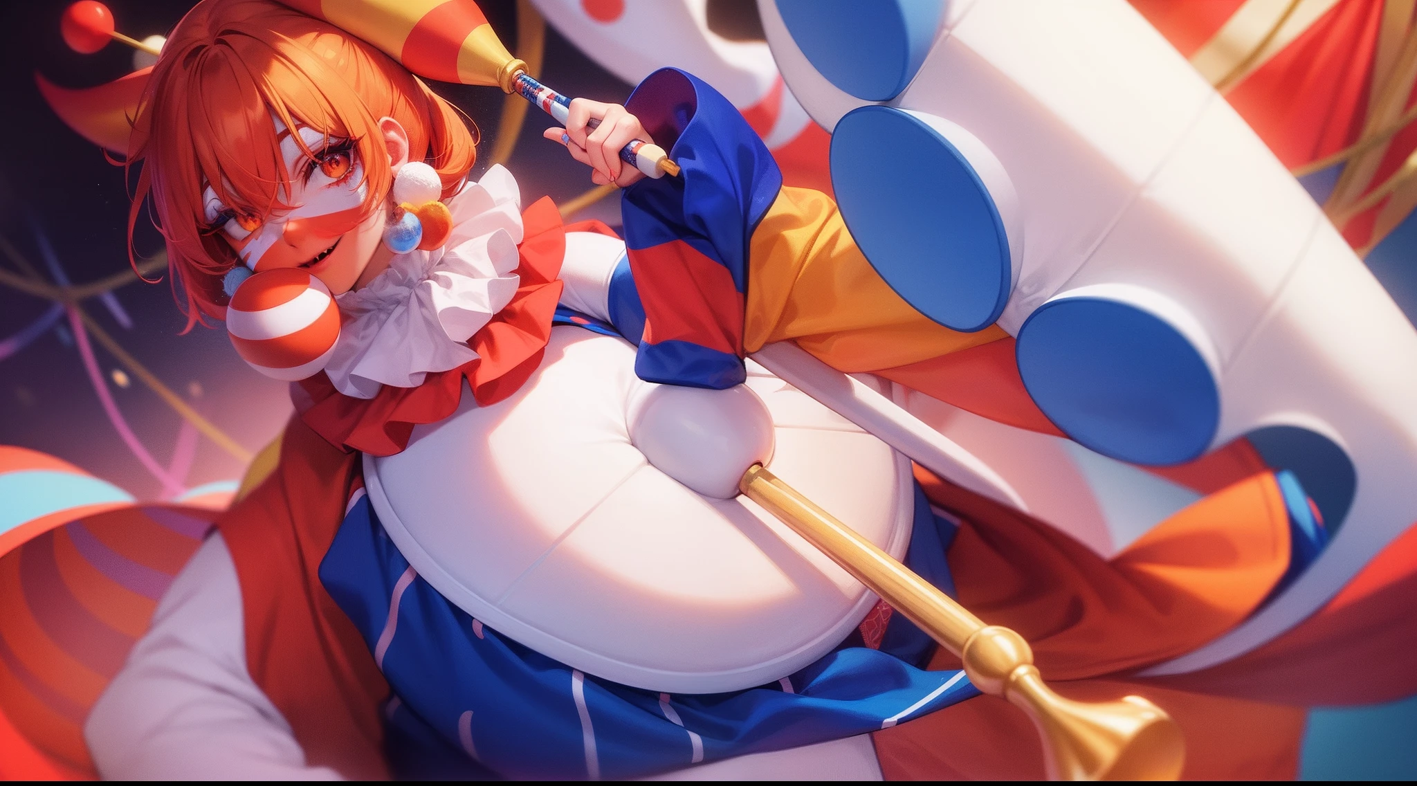 clown with clown clothes playing flute in the circus, white face, makeup face, orange eyes, evil eyes