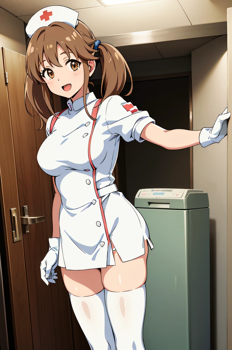 totoki airi, twintails, large breasts, Nurse, ((White nurse cap, White nurse uniform)), ((White legwear, zettai ryouiki)), White Gloves, Smile, Open mouth, Standing, ((Hospital room)), sharp outline, Short sleeves, Best Quality, masutepiece