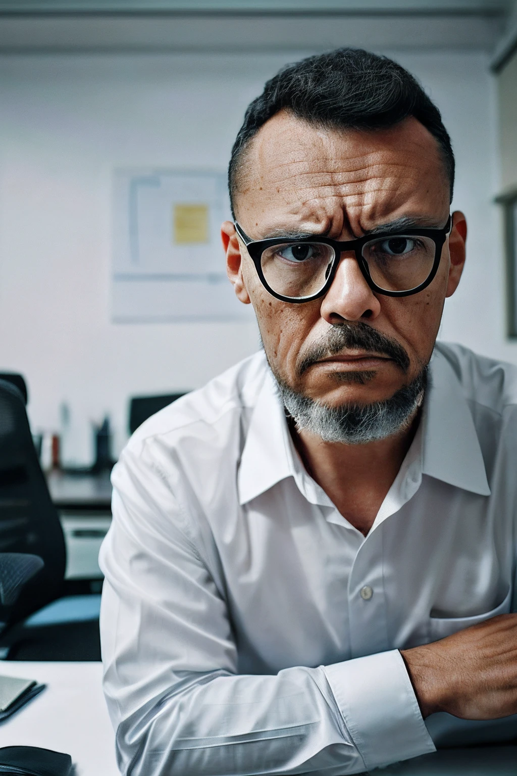 guttocyber1, Hyper-Realistic Portrait of a Sad, Thoughtful Man in His Minimalistic Office Imagine creating a hyper-realistic portrait of an adult man. He wears glasses, and his face is exquisitely detailed (1.3). He's dressed in casual attire, sitting at his desk with his hands on his head, displaying a deep sense of sadness and contemplation. The scene is set in his minimalistic and impeccably organized office, designed with meticulous attention to detail (1.4). This emotionally charged and thought-provoking portrait is captured with hyper-realism (1.5), providing an ultra-high-definition (UHD) result.