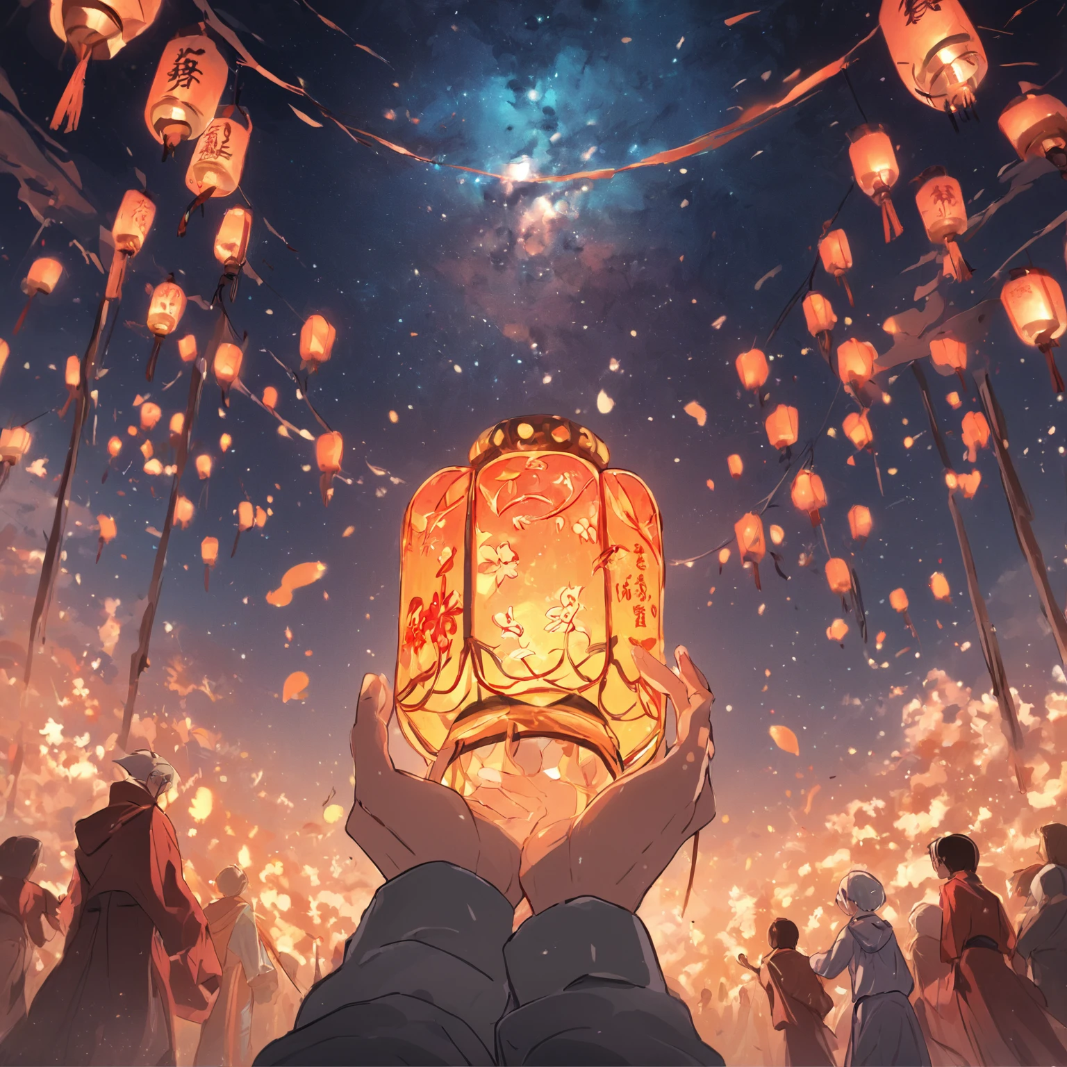 A very beautiful hand holding a close-up of Kong Ming lantern，under the starry night sky