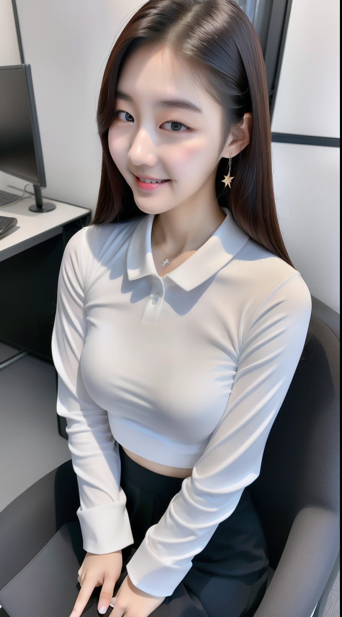 realistic photos of (1 cute Korean star), hair two side up, white skin, thin makeup, 32 inch breasts size, slightly smile, wearing long sleeve shirt, skirt, in the office, 16k