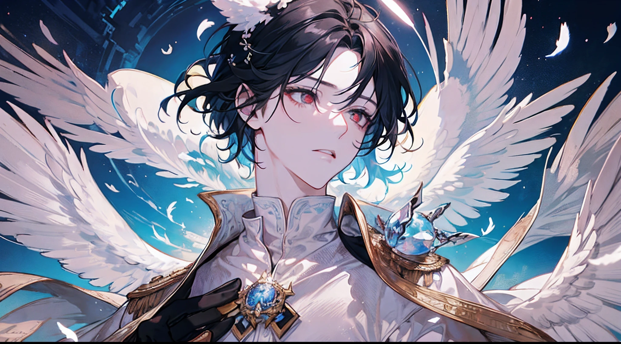 MALE ONLY, MALE, MALE FOCUS, MALE FACE ((Young Man)), Angel, Feathered wings, Feathers Flying, White Roman Robe, (Collar), Short black hair, flyng bangs, DARK hair, equals eyes, red eyes, white skin, (((Extremely Clear and Delicate Depiction of Facial Features))), Milky Way, ((Delicate Eye Depiction)), Dynamic Pose, Dramatic Composition, Extreme Detail, Floating in the Air, Man, Manly, Ruby Eyes, White Dove Resting on Shoulder, Surrounded by Birds, Little Cloth, Halo Effect, brilliant aura, halo on head