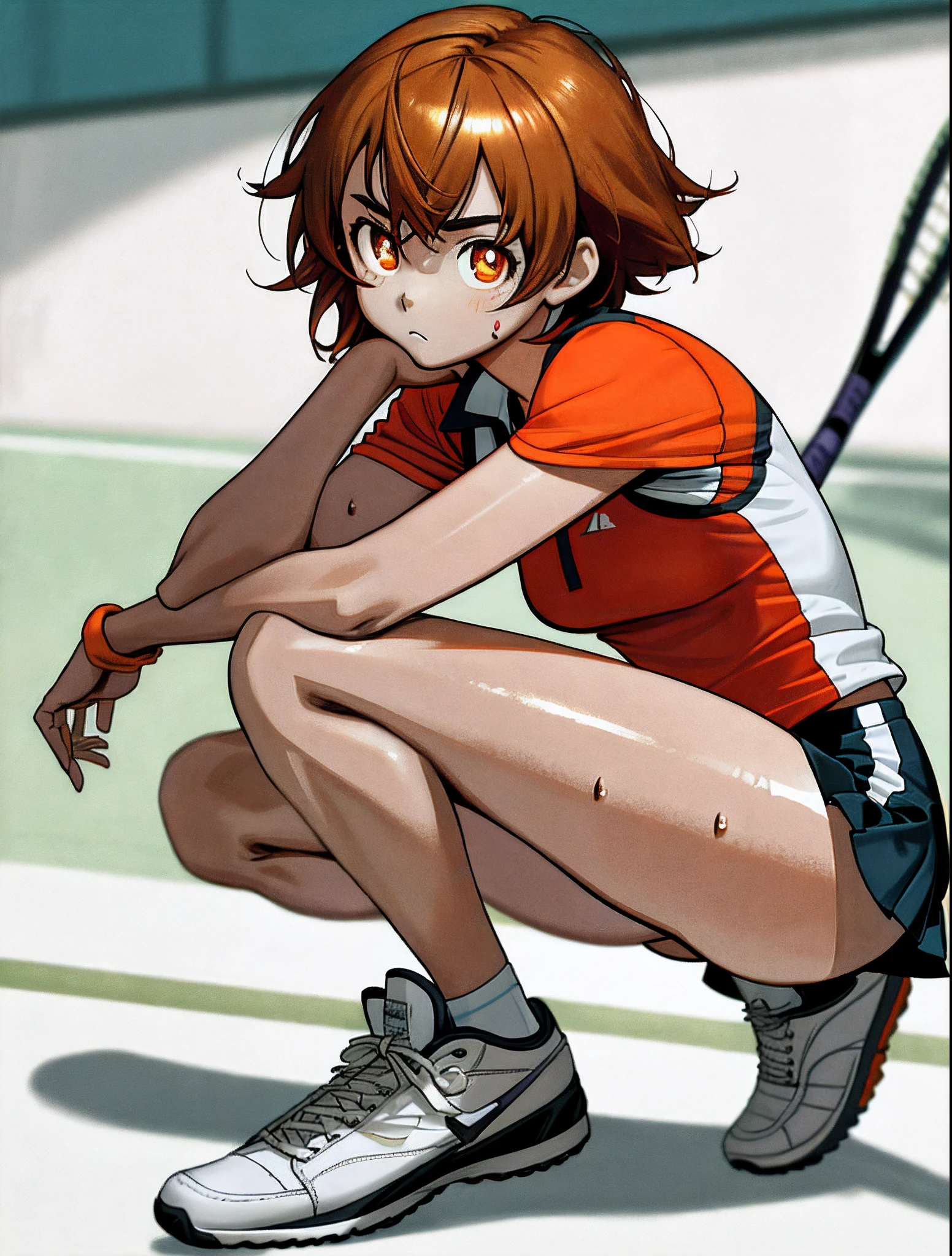 absurderes， tmasterpiece， Best quality at best， realisticlying， ultra - detailed， tennis wear， slim， little breast， （shiny skins， sweat leggs：1.4）， looking at viewert， 1girll， 独奏， short detailed hair， orange color hair， with brown eye， nakeness， White sneakers，  （thick thight：0.7）， 动态照明， A high resolution， Sharp focus， depth of fields， finely-detailed eyes， Sharp pupils， realistic pupil