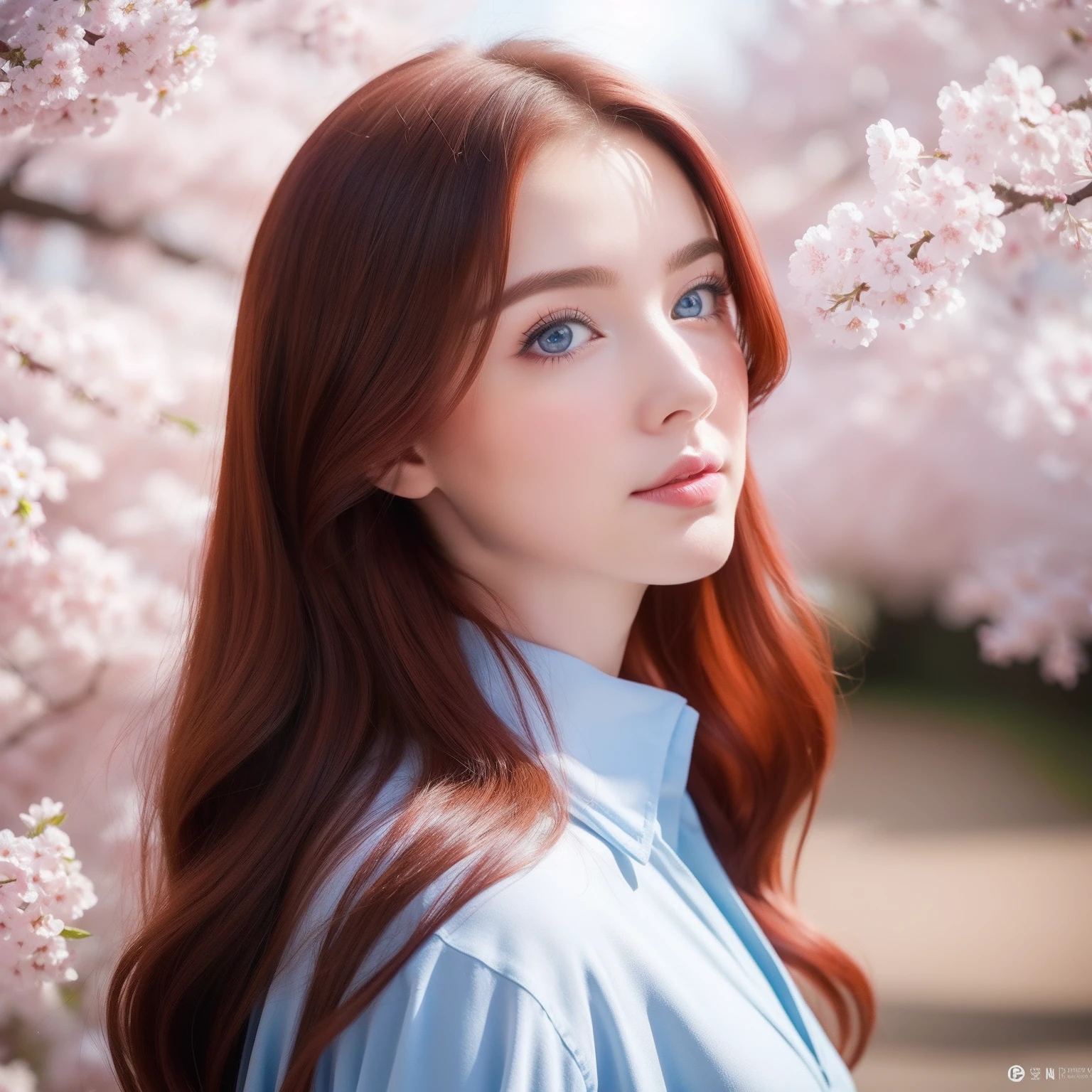 Make a beautiful blue-eyed, red-haired woman looking from the corner in a cherry blossom breeze on a beautiful morning, rosto perfeito, corpo perfeito, estilo cinema, cores brilho e contraste destacando o personagem, 16k,