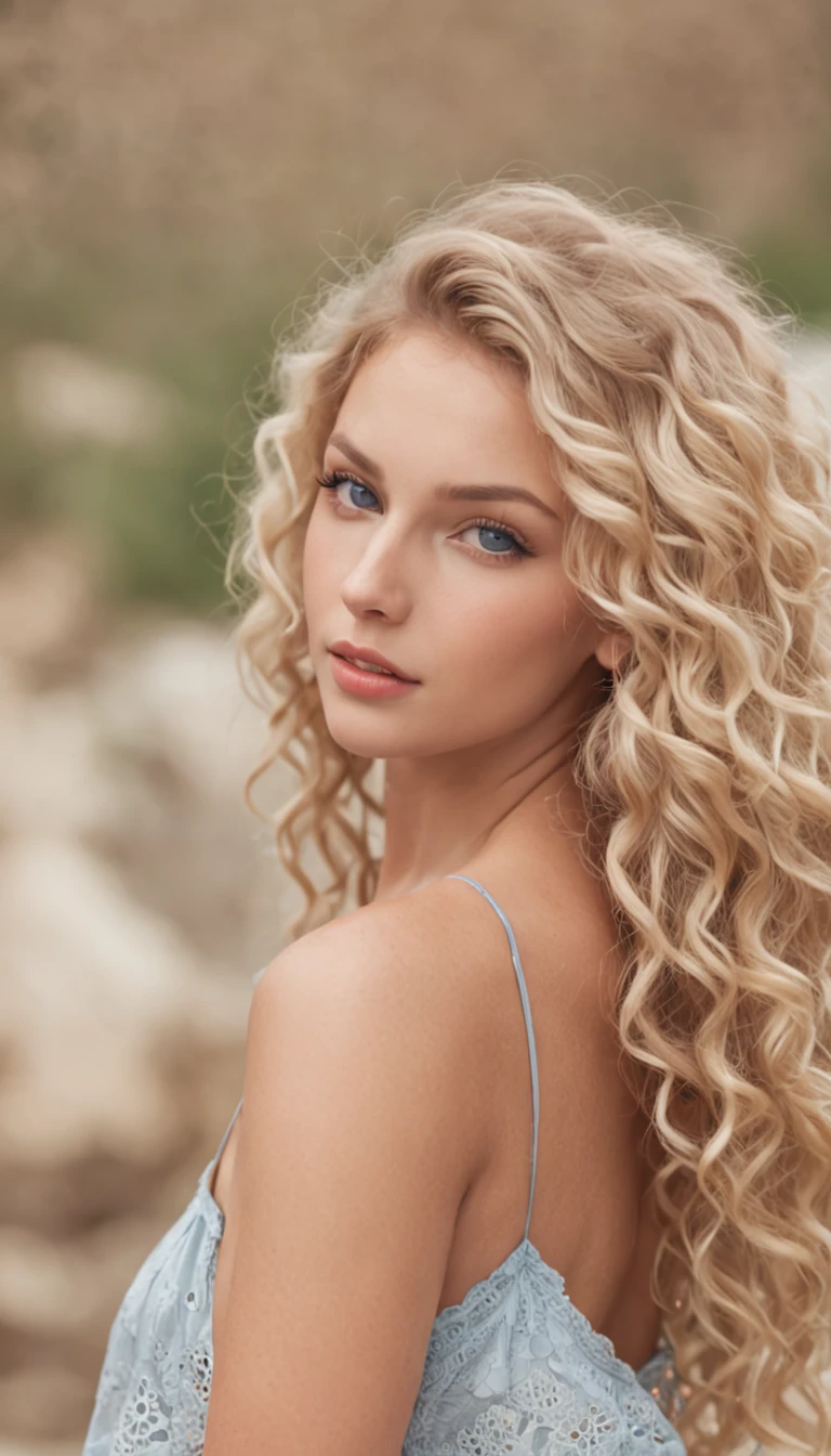a beautiful blonde woman with curly hair, blue eyes, tanned skin, in summer clothes, on a Greek Island, full body