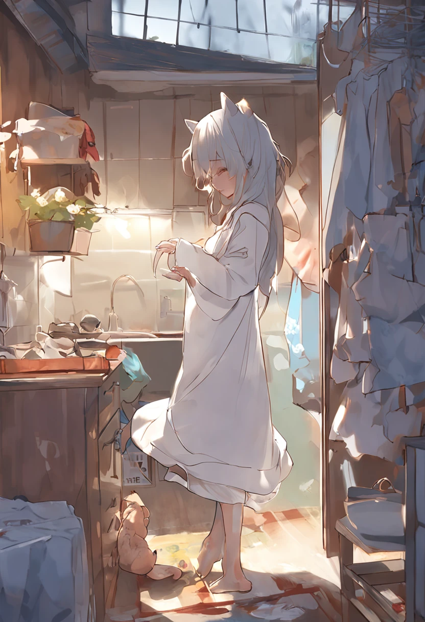 Anime girl in white pajamas getting out of bed with cat, Hang the laundry to dry，loli in dress, Small curvaceous，artwork in the style of guweiz, guweiz on pixiv artstation, guweiz on artstation pixiv, guweiz, tiny girl, soft anime illustration, Anime visuals of cute girls, Detailed Digital Anime Art