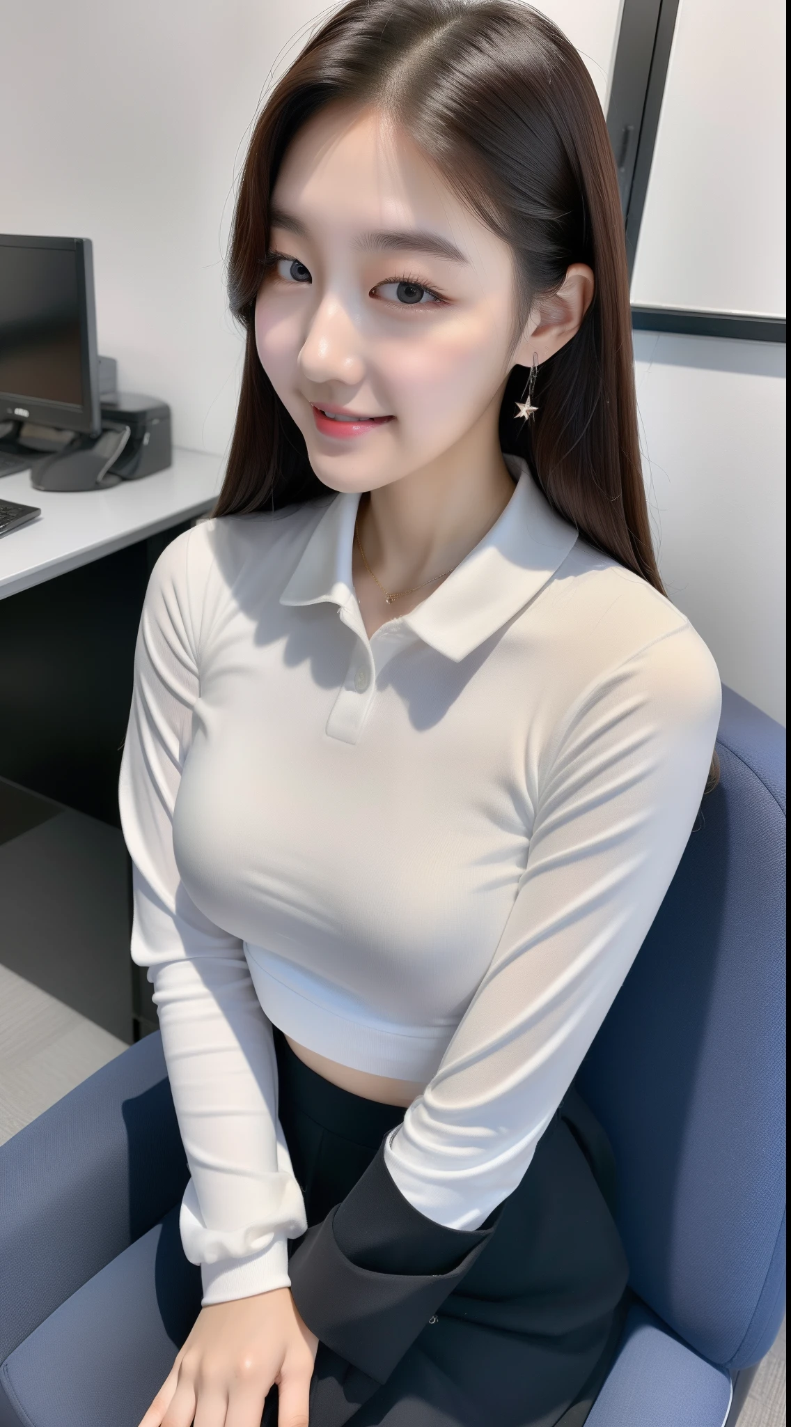 realistic photos of (1 cute Korean star), hair two side up, white skin, thin makeup, 32 inch breasts size, slightly smile, wearing long sleeve shirt, skirt, in the office, 16k