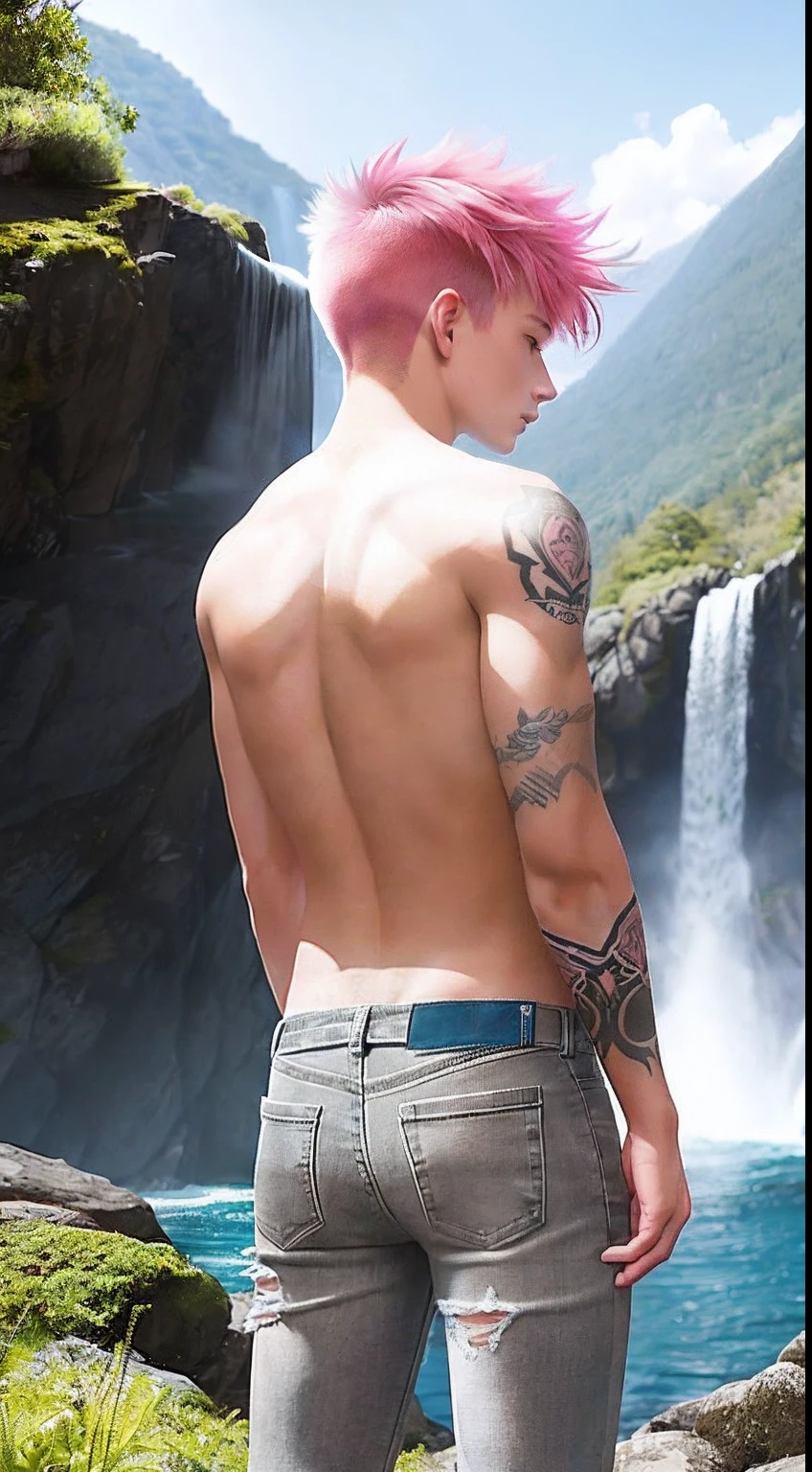A 16-year-old boy，with pink hair, Bare upper body, The back is full of tattoos, Wear gray skinny jeans, In the waterfall scenic area, Look back at the whole body