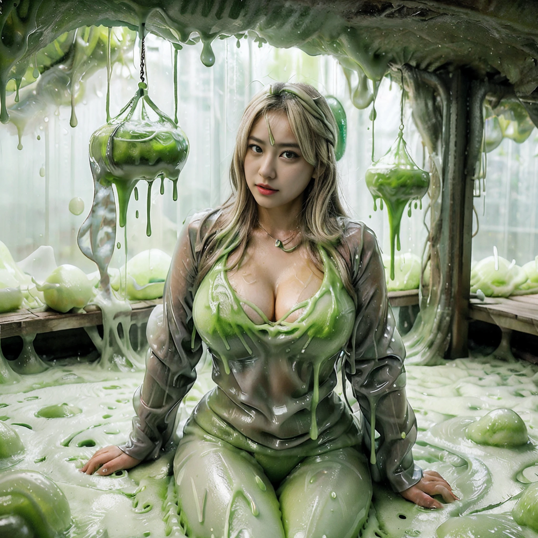 1人の女性、25-years old、masterpiece、top-quality、ultra-detailliert、the ground、japanes、a blond、(Curvaceous:1.4)、(Happiness:-1.2)、(Anxious expression)、Crying face、gals、Big breasts、Contrasty、Green Slime AI、(White slime:1.3)、(Thick slime dripping from the head to the chest: 1)、 Thick slime dripping into the crotch、(open the legs widely:1.4)、(maikurobikini:1.2)、In a dark cave、suits