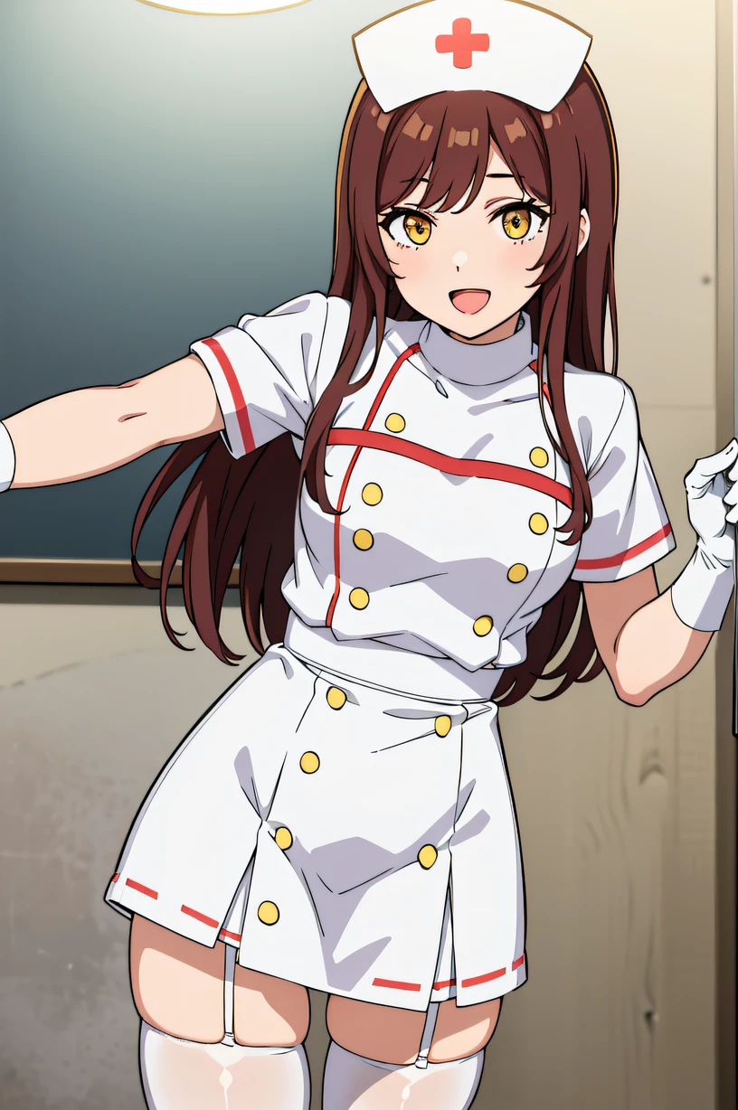 osaki amana, brown hair, yellow eyes, Nurse, ((White nurse cap, White nurse uniform)), ((White legwear, zettai ryouiki)), White Gloves, Smile, Open mouth, Standing, ((Hospital room)), sharp outline, Short sleeves, Best Quality, masutepiece