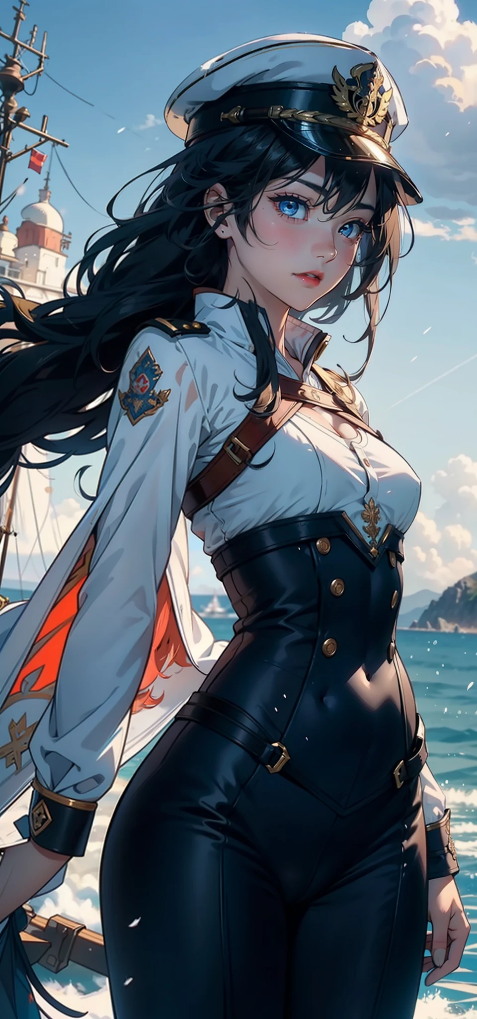 1womanl，3 years old，bit girl，Small loli，smallunderboob，Raised sexy，Pornographic exposure， 独奏，Beauty contests，standing on your feet（Background with：the sea，snow mountains，warships，at winter season，Blizzarding，Big snowflakes）On warships， with his long black hair，Long hair flutters in the wind，dynamicposes，Sweat profusely，drenched all over the body，seen from the front， hair straight， mostly cloudy sky，（（（tmasterpiece），（Very detailed CG unity 8K wallpaper），best qualtiy，cinmatic lighting，detailed back ground，beatiful detailed eyes，Bright pupils，（Very fine and beautiful），（Beautiful and detailed eye description），Blue eyes，Redlip，ultra - detailed，tmasterpiece，）），facing at camera，（The upper part of the body），A high resolution，ultra - detailed），revealing breasts，Bare genitalia，  Bulge，legs are open，sexyposture，Camel toes，Flushed complexion，Open-mouthed，frontage，British officer，Officer's cap，elementary student（Wearing：White cloak，down jacket，White winter officer uniform，Sexy leggings，Armour，Gold wire embroidery，Snowflake decoration）
