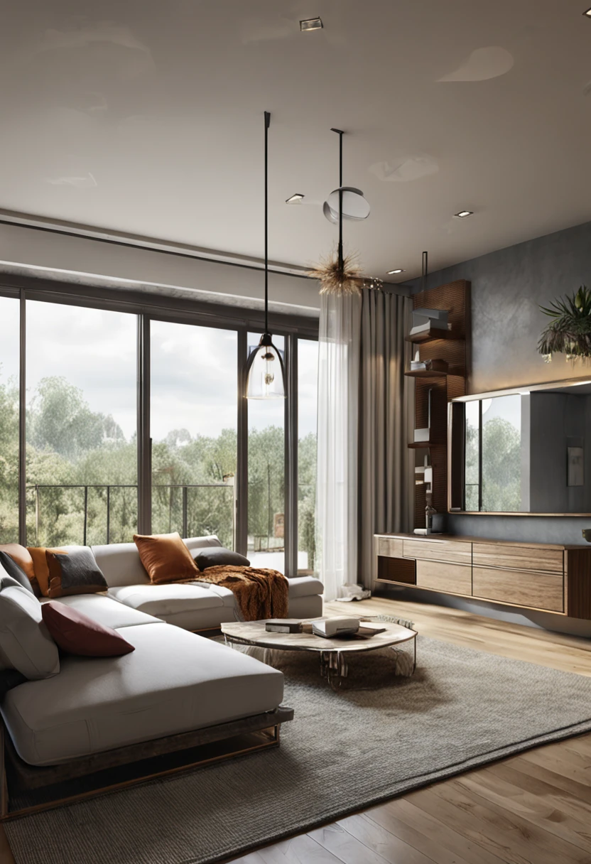 Interior design of a room with two floor-to-ceiling windows, realism, modest furnishings
3D render